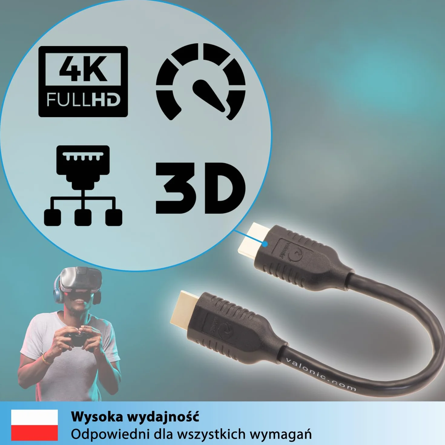 valonic Kabel HDMI krótki, 20 cm – 4 K, ARC, UHD, Full HD, Ethernet – czarny – kabel TV 0,2 m, kabel do monitora, krótki kabel HDMI do komputera lub przełącznika…