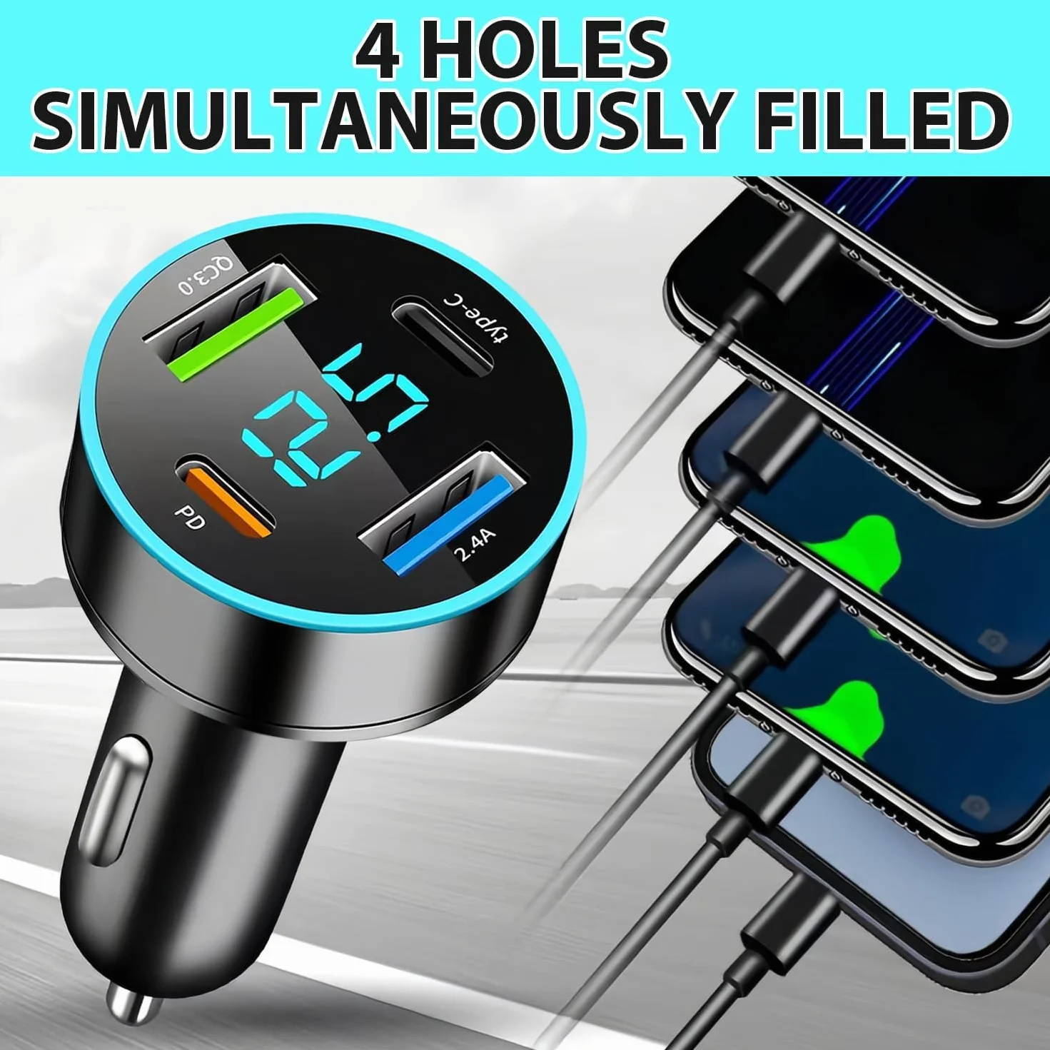Ładowarka samochodowa USB C 50 W QC3.0 PD z woltomierzem LED