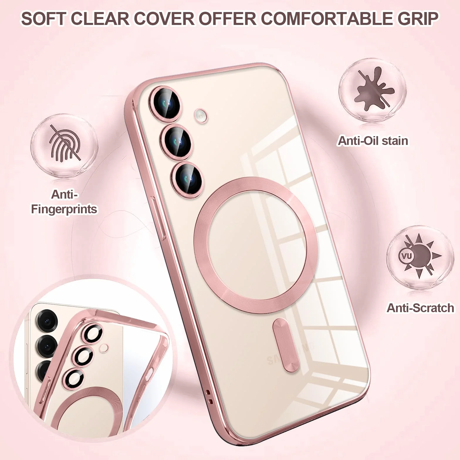 Pnakqil Etui magnetyczne do Samsung Galaxy S25 z paskiem, przezroczysta siliikonowa osłona, różowa