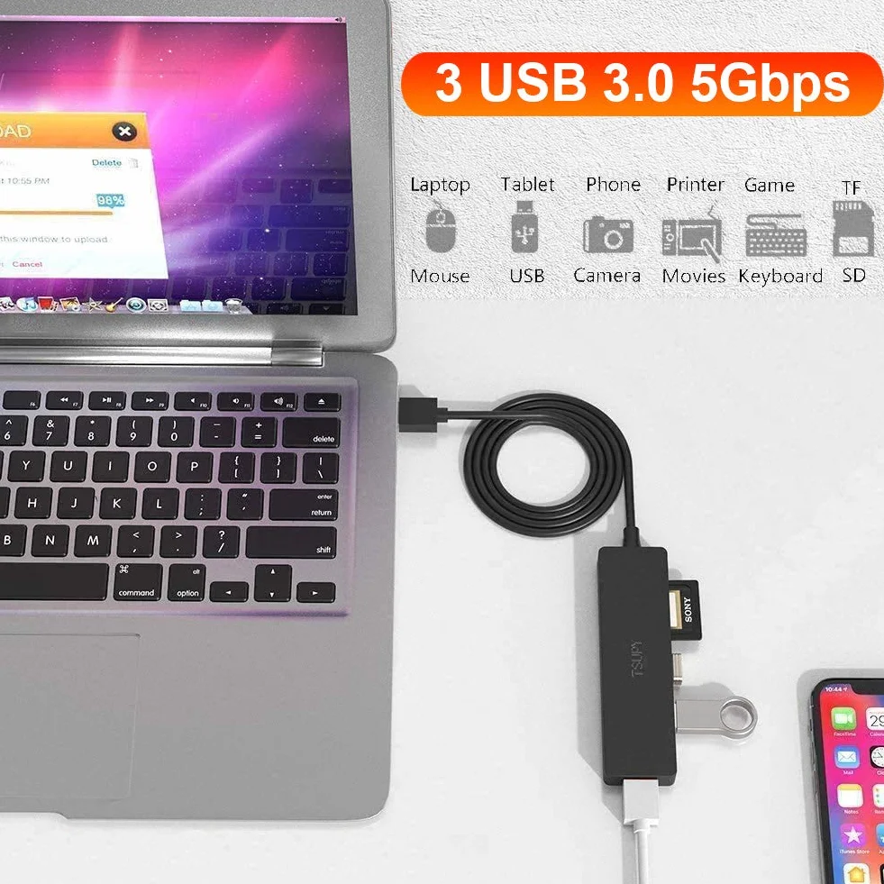 TSUPY Przedłużacz USB Hub 3.0 z Czytnikiem Kart SD/Micro SD - Kabel 120 cm - Czarny