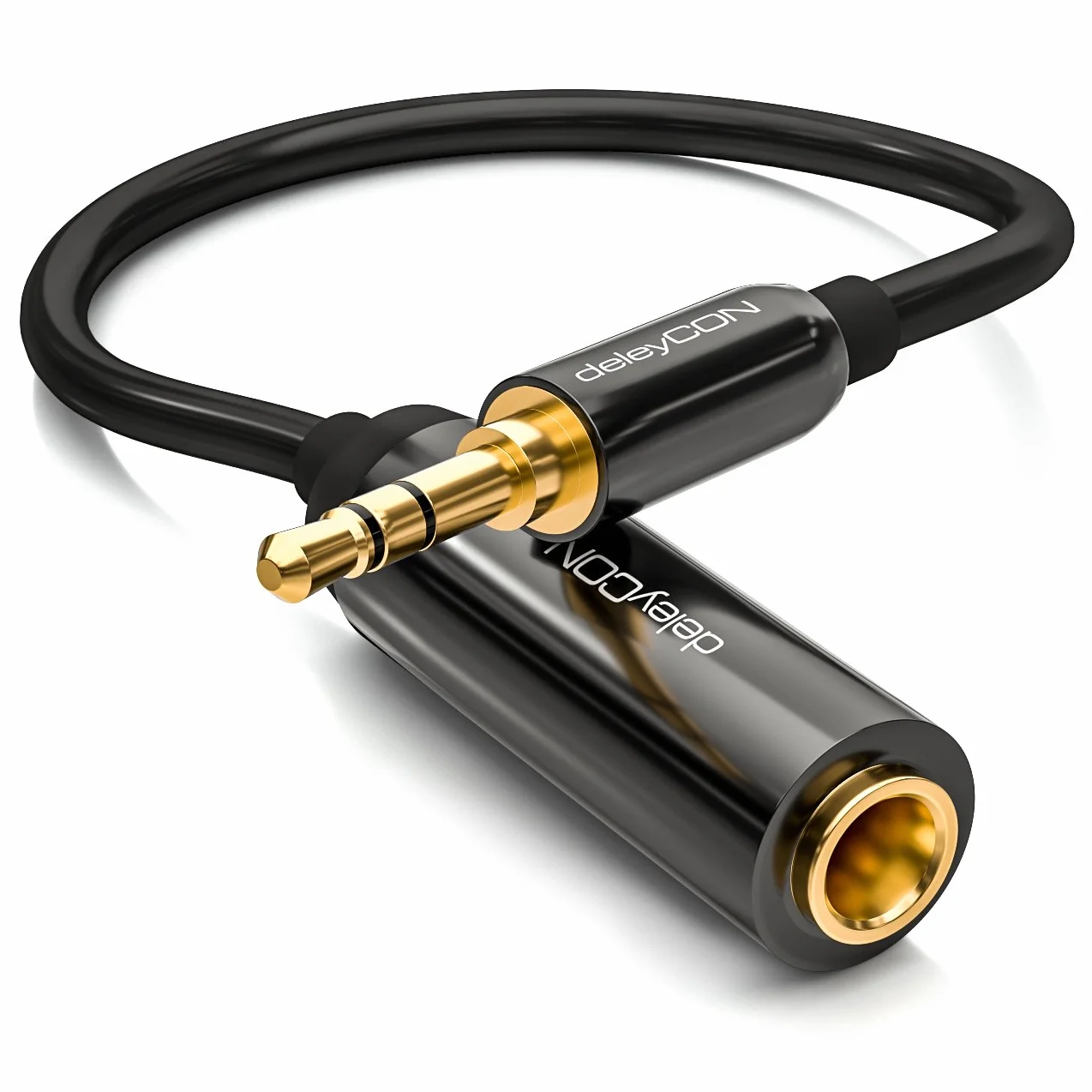 deleyCON 0,2m Kabel Adapter Audio Stereo Jack - Wtyk 3,5 mm na Gniazdo 6,3 mm - Pozłacane Styki, Wewnętrzny Przewodnik z Miedzi OFC, Metalowa Obudowa - Czarny