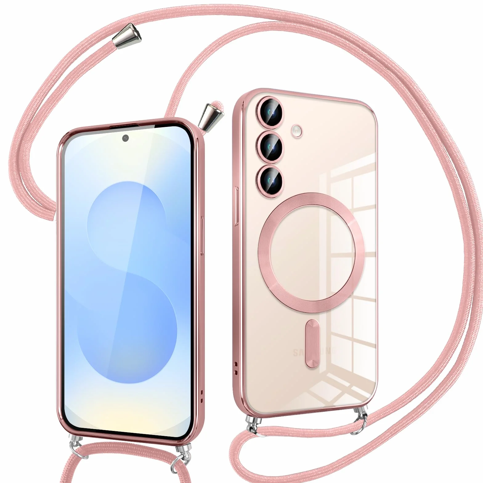 Pnakqil Etui magnetyczne do Samsung Galaxy S25 z paskiem, przezroczysta siliikonowa osłona, różowa