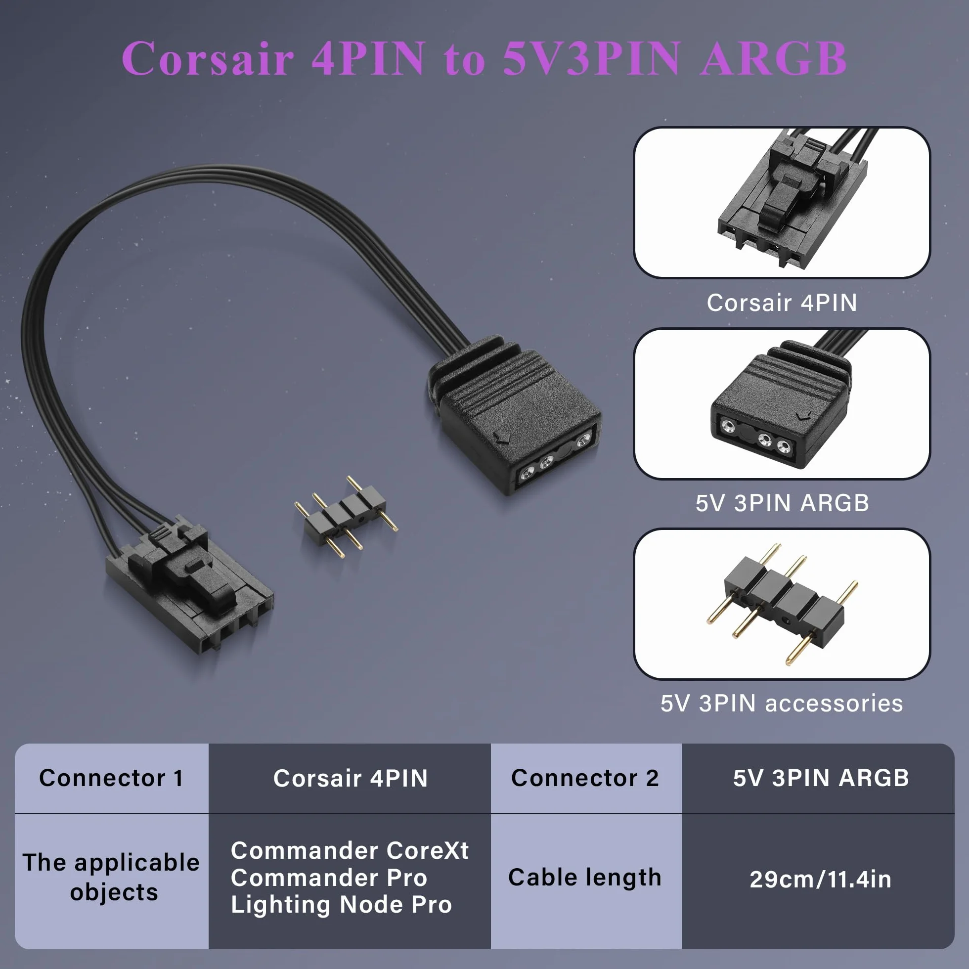 GINTOOYUN 2 szt. 5 V 3-pinowy kabel do konwersji ARGB Corsair 4-pinowy żeński na 5 V 3-pinowy kabel ARG żeński do kontrolera Corsair, QL, LL120, ICUE, Shenguang Sync, Asus, HD itp. (11,4 cala) (Styl 2