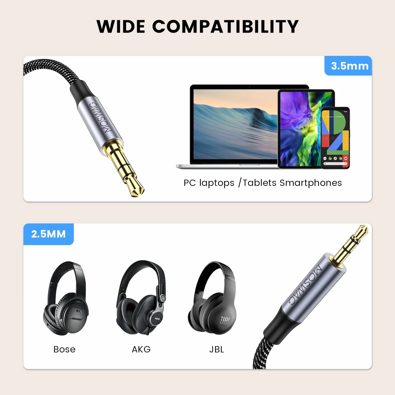 MOSWAG Kabel Stereo AUX 2,5 mm do 3,5 mm, Wymiana Kabla Jack Stereo Męski Zestaw Słuchawkowy Audio Wire Kompatybilny z QC 35/QC35 II/QC25/OE2, JBL E45BT E55BT E65BTNC