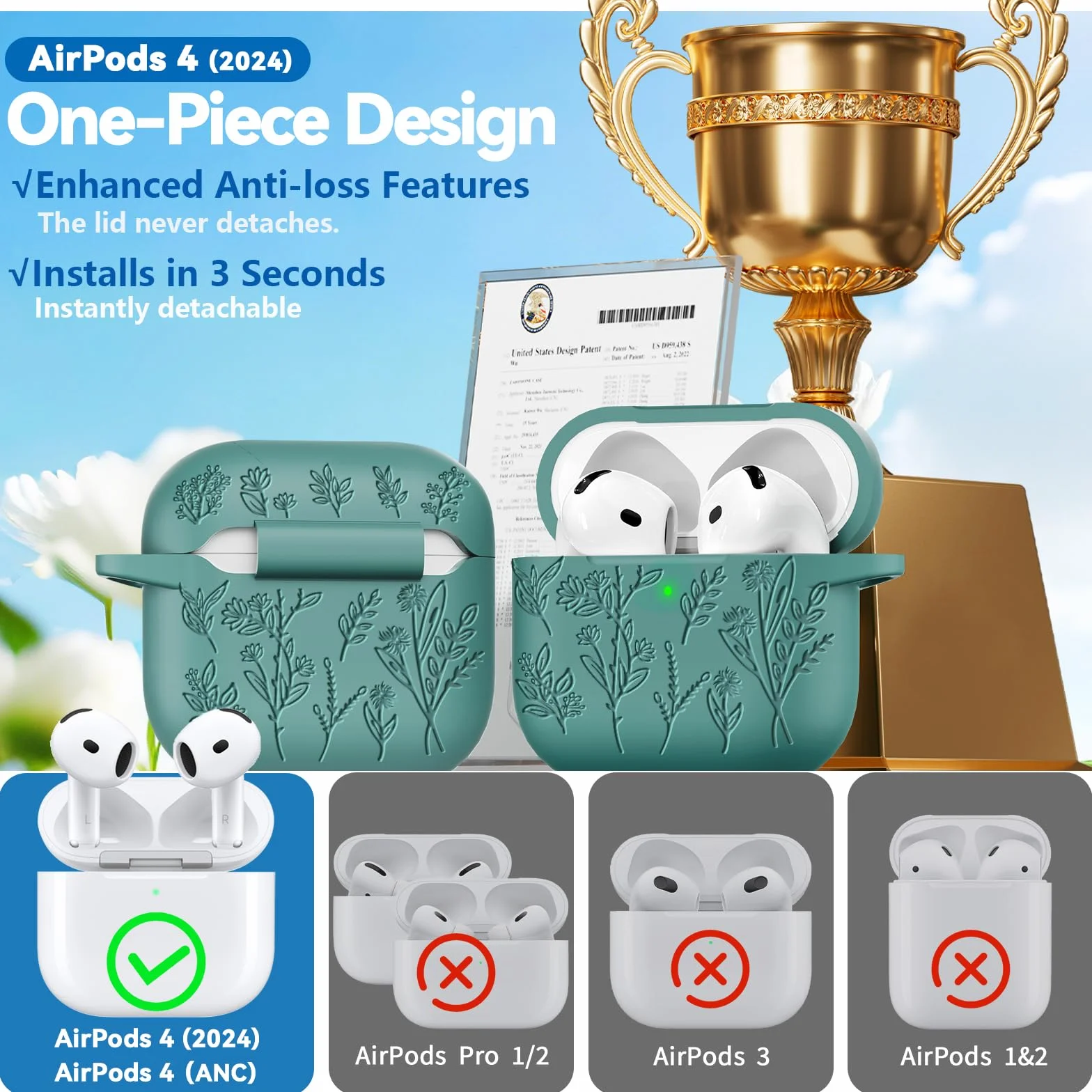 Etui ochronne kompatybilne z AirPods 4 (2024) z uroczym laserowo grawerowanym wzorem trawy, odpowiednie dla kobiet, w zestawie z kompletem do czyszczenia i brelokiem (Zielony)