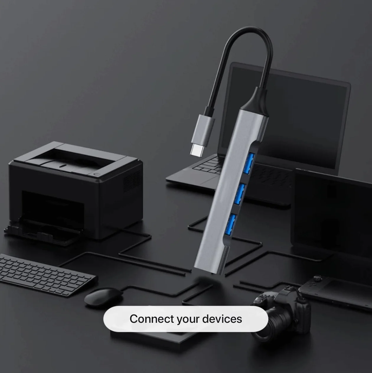 4-portowy koncentrator USB Magnet 4 w 1 z 1x USB 3.0 i 3X USB 2.0, srebrny szary, do laptopów z systemem iOS, WS i innych urządzeń z interfejsem (koncentrator USB-C)