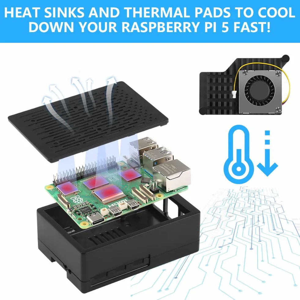 Aolso Raspberry Pi 5 Case z oficjalnym wentylatorem Active Cooler, ABS, siatka chłodząca obudowa do 4GB 8GB (czarny)