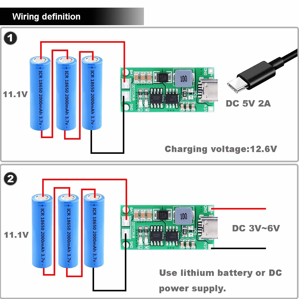 2 szt. 3S 2A Karta ładująca do baterii litowej USB typu C Moduł ochrony ładowarki 18650 12,6 V Przetwornica ciągu z kablem USB Type-C Czerwony i czarny