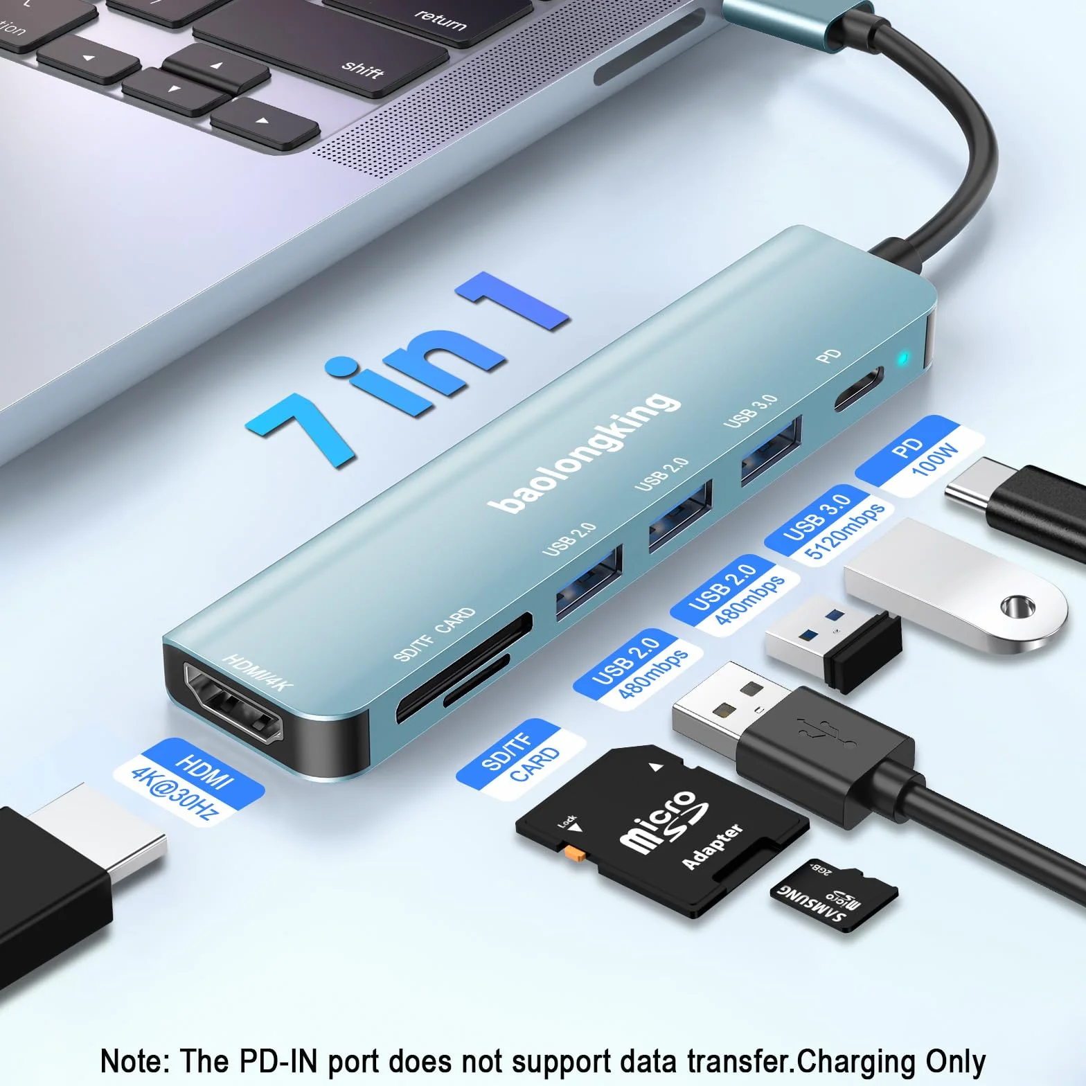Hub USB-C 7 w 1 100W PD HDMI 4K USB-A karty SD TF do MacBooka Air Pro iPada Chromebooka