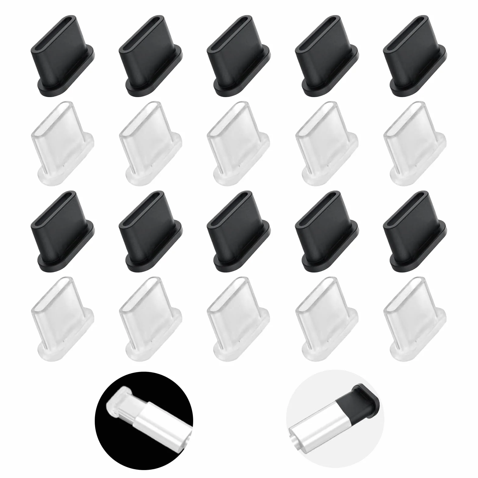 20 sztuk nasadek ochronnych USB-C na wtyczkę i kabel – ochrona przed kurzem zatyczka USB C z silikonu – chroni złącze USB typu C – do smartfonów, laptopów, kolor czarny i przezroczysty