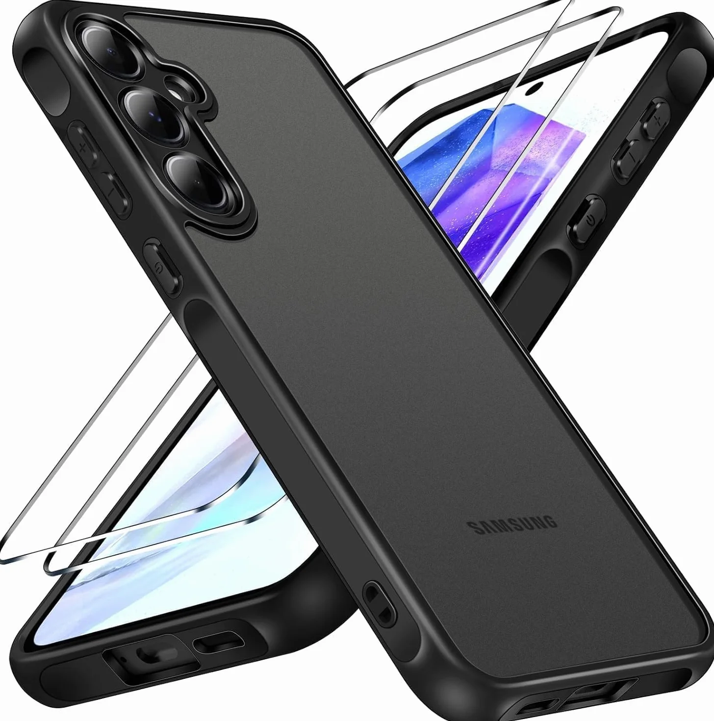 iVoler Etui do Samsung Galaxy A55 5G z 2x szkłem hartowanym, matowe, czarne, ochrona aparatu, standard wojskowy