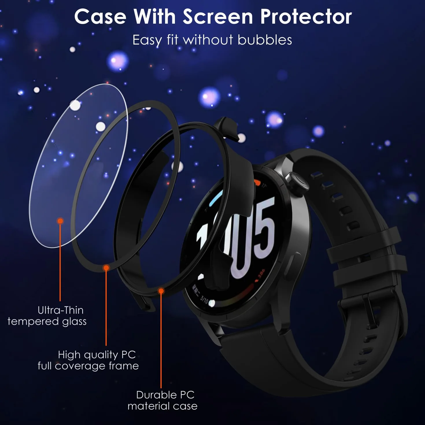 ivoler 3 szt. Etui Hard PC + Szkło Ochronne dla Xiaomi Watch S5 46mm, Pełne Pokrycie, 2 Przezroczyste + 1 Czarny