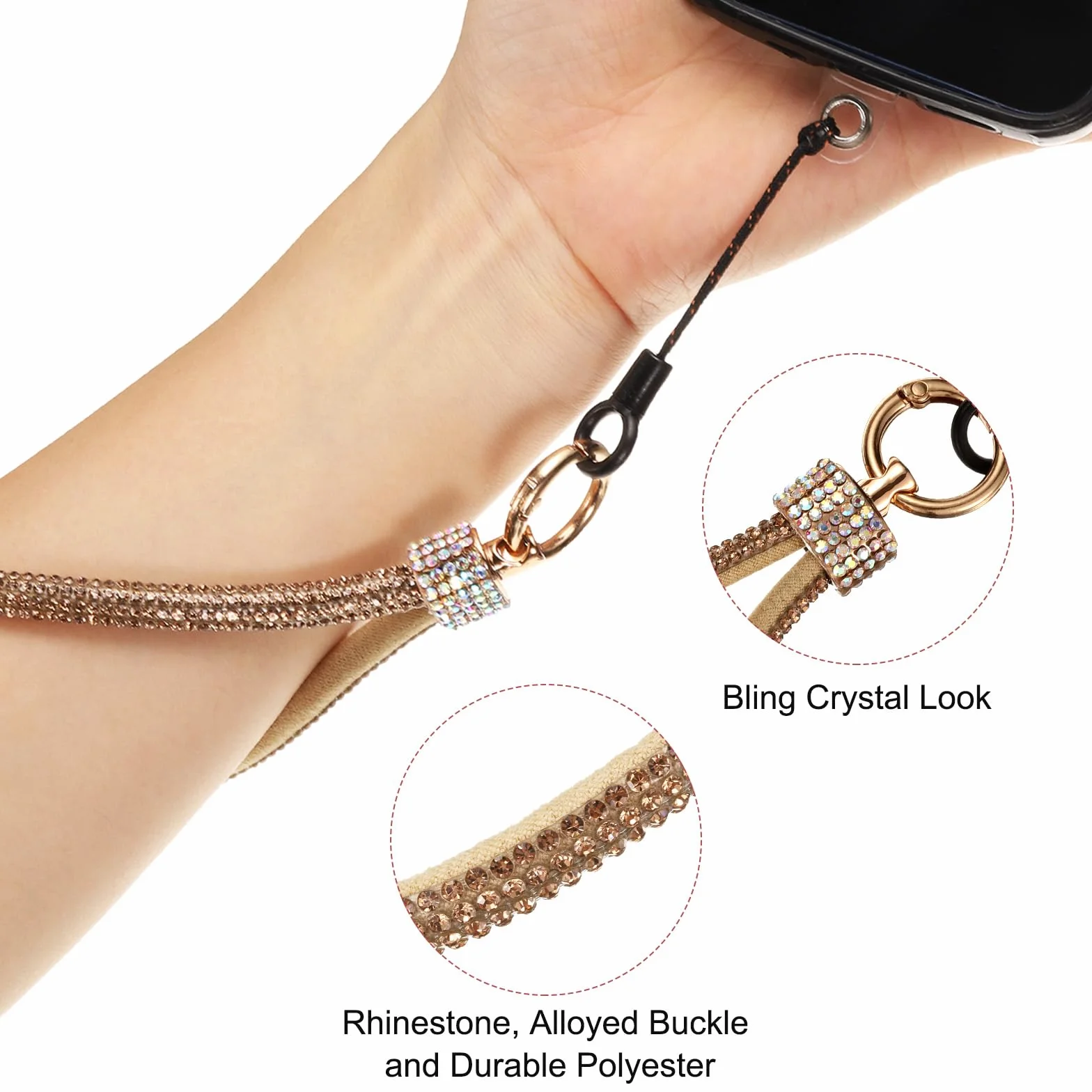 QUARKZMAN Uniwersalny pasek na telefon odpinany na nadgarstek brokat naszywka luksusowy sznurek rhinestone DIY biały