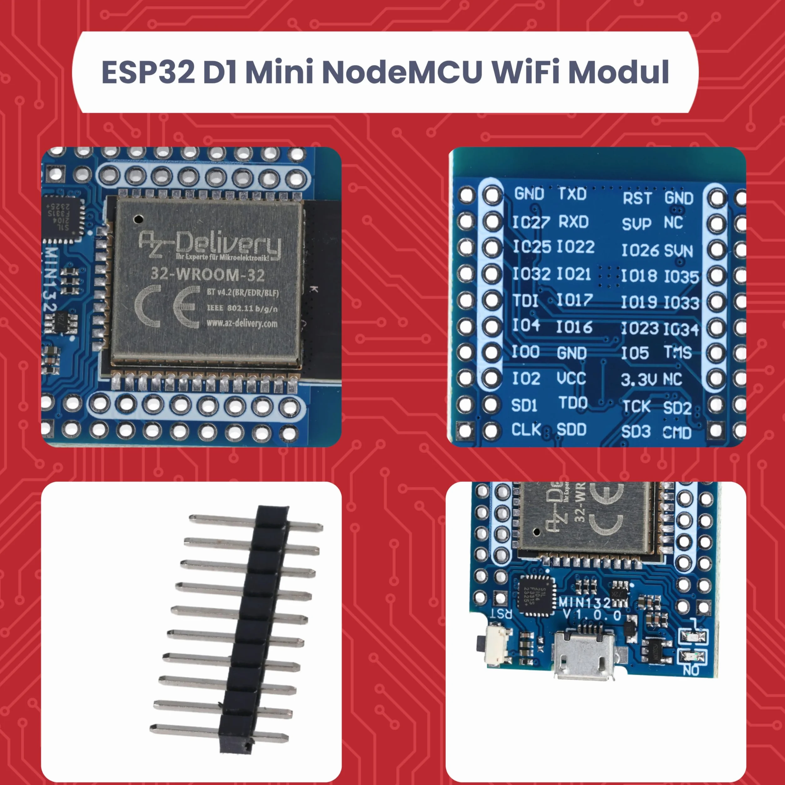 AZDelivery ESP32 D1 Mini NodeMCU WiFi Bluetooth Moduł Rozwojowy Arduino