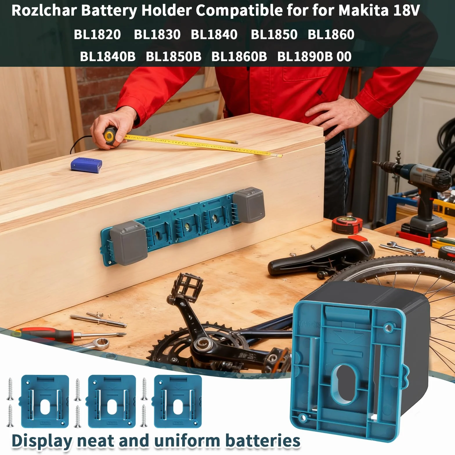 Uchwyt na baterieUchwyt na baterie 18 V 14,4 V – zestaw 6 uchwytów ściennych z 12 śrubami, kompatybilny z BL1860 BL1850 BL1840 BL1830, wytrzymały uchwyt do warsztatu i garażu