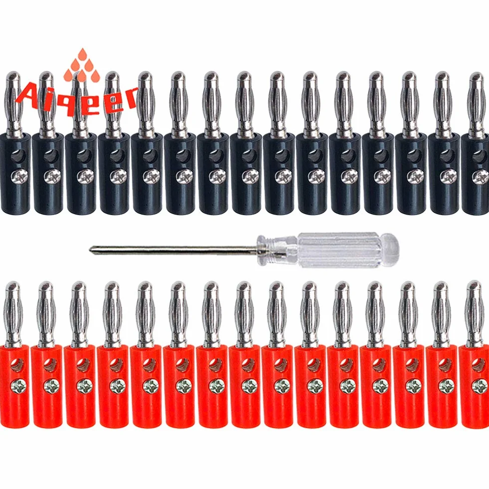 30 szt. 4 mm wtyczka bananowa, niklowane złącze wtykowe bananowe, adapter złącza bananowego bez lutowania, do głośnika, odbiornika audio/wideo (czerwony, czarny)