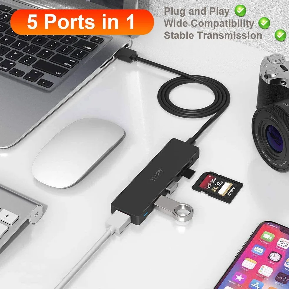 TSUPY Przedłużacz USB Hub 3.0 z Czytnikiem Kart SD/Micro SD - Kabel 120 cm - Czarny
