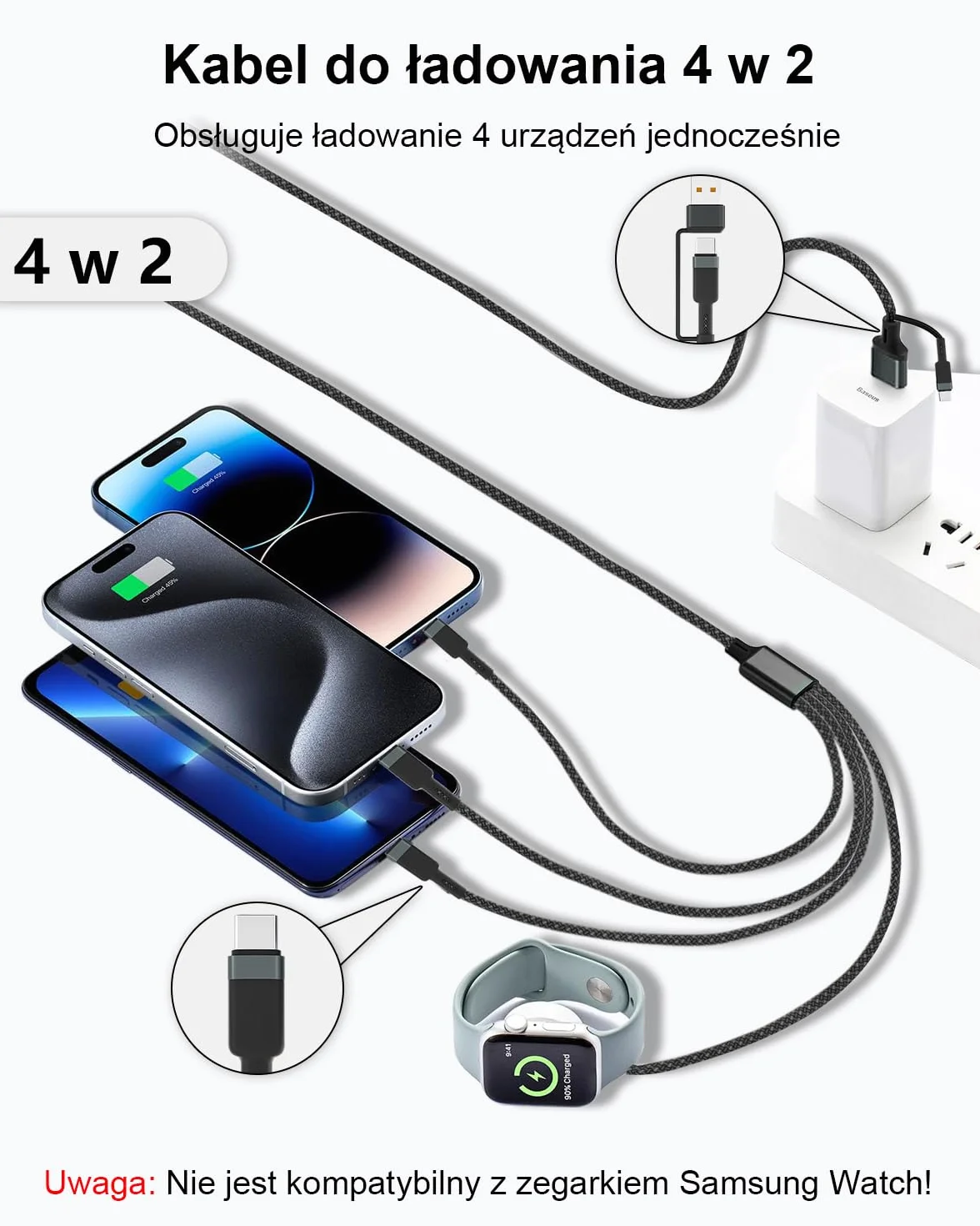 Kabel do ładowania 4 w 2 do Apple Watch i iPhone'a, 1,2 m USB A/C do iPhone'a Lightning, micro USB, iWatch Charger, kabel do ładowania typu C, do Apple iWatch Ultra/SE/1-11, iPhone 6-17, iPada, Galaxy