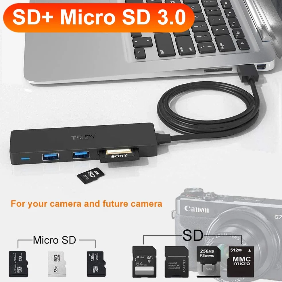 TSUPY Przedłużacz USB Hub 3.0 z Czytnikiem Kart SD/Micro SD - Kabel 120 cm - Czarny