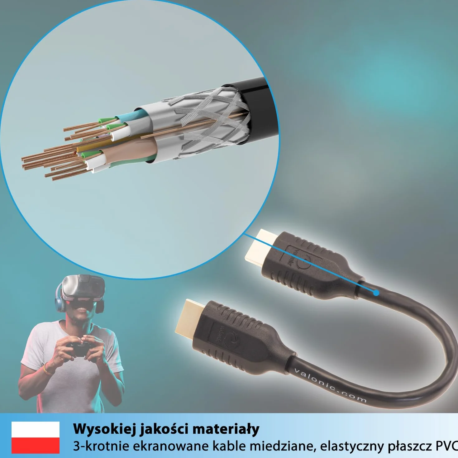 valonic Kabel HDMI krótki, 20 cm – 4 K, ARC, UHD, Full HD, Ethernet – czarny – kabel TV 0,2 m, kabel do monitora, krótki kabel HDMI do komputera lub przełącznika…