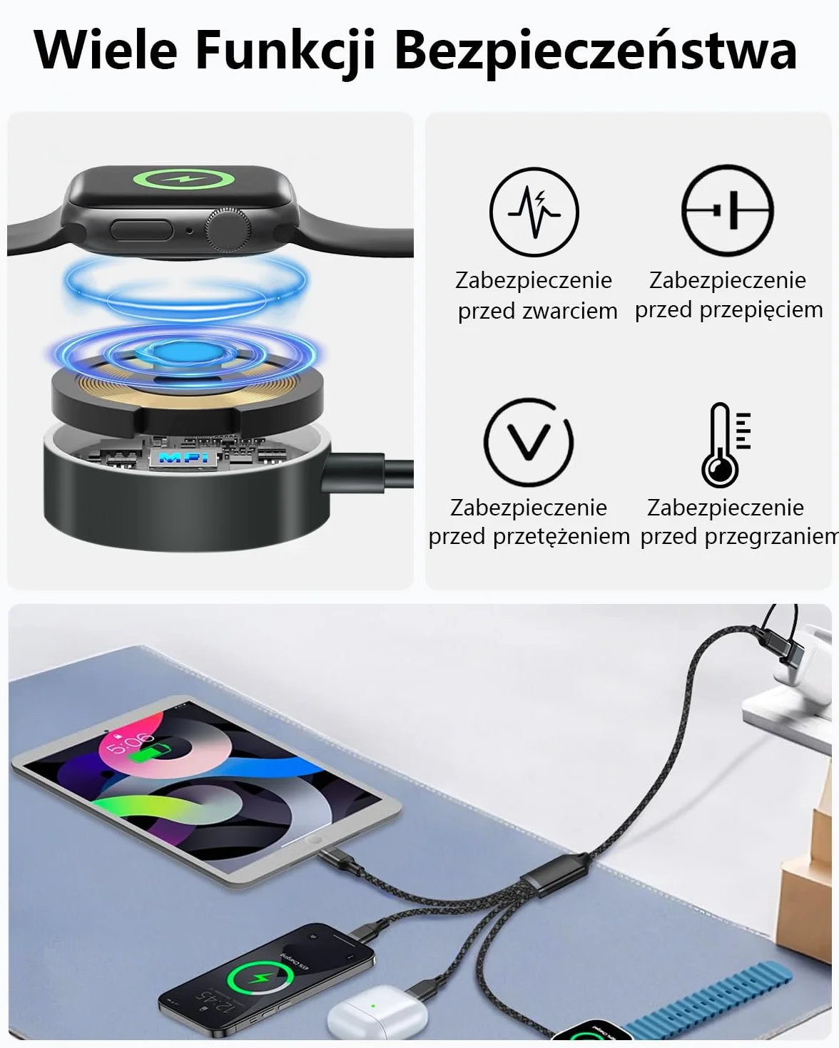 Kabel do ładowania 4 w 2 do Apple Watch i iPhone'a, 1,2 m USB A/C do iPhone'a Lightning, micro USB, iWatch Charger, kabel do ładowania typu C, do Apple iWatch Ultra/SE/1-11, iPhone 6-17, iPada, Galaxy