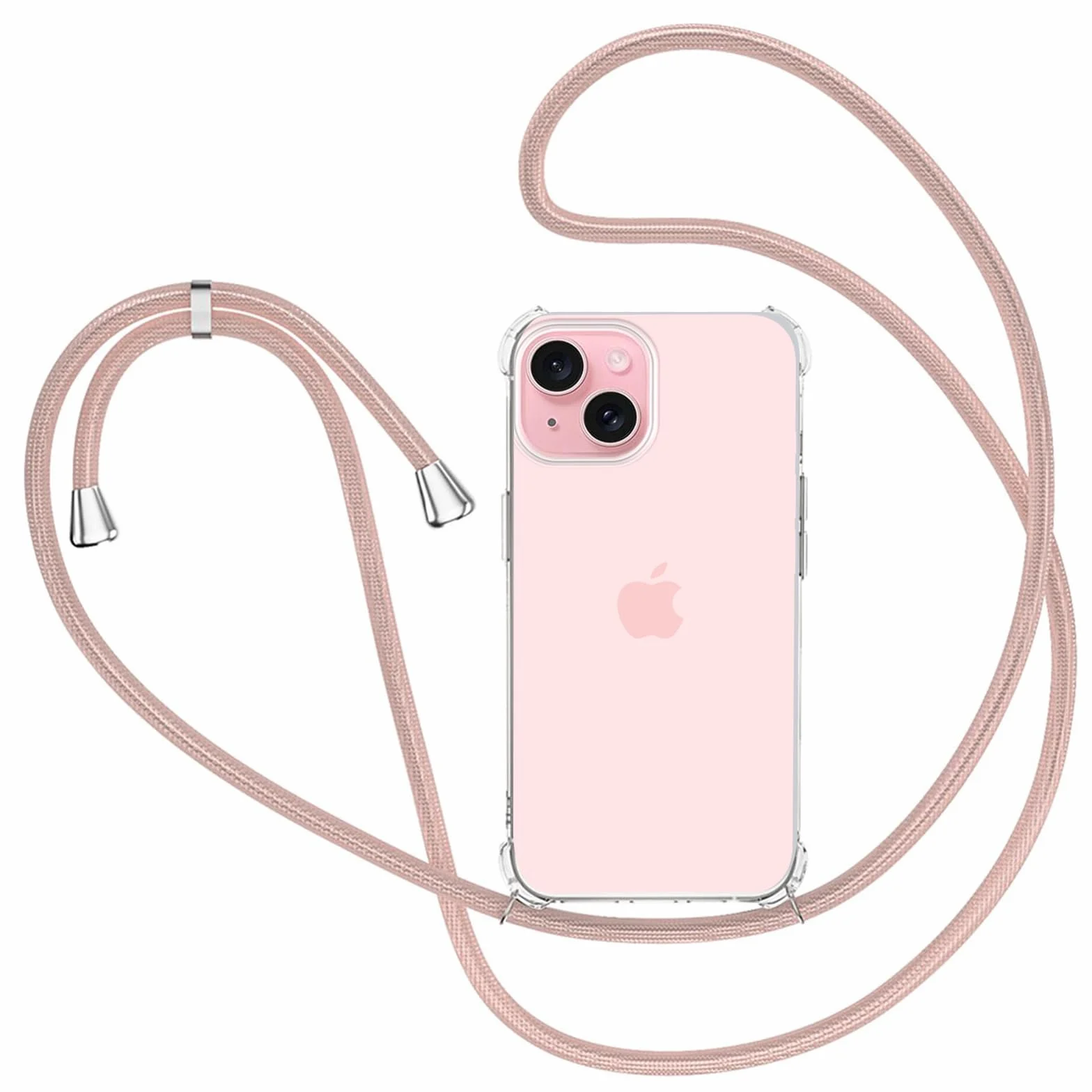 Etui ochronne iPhone 15 przezroczyste silikonowe z paskiem łańcuszkiem różowe złoto