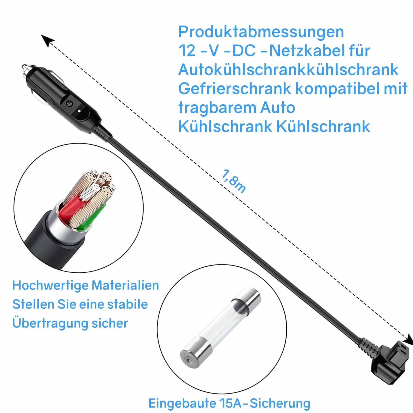 Kabel zastępczy do lodówki samochodowej 12 V-24 V, 12 V, 10 A, wtyczka do lodówki Mobicool, Alpicool ARB Waeco CF, kabel do lodówki samochodowej 1,8 m