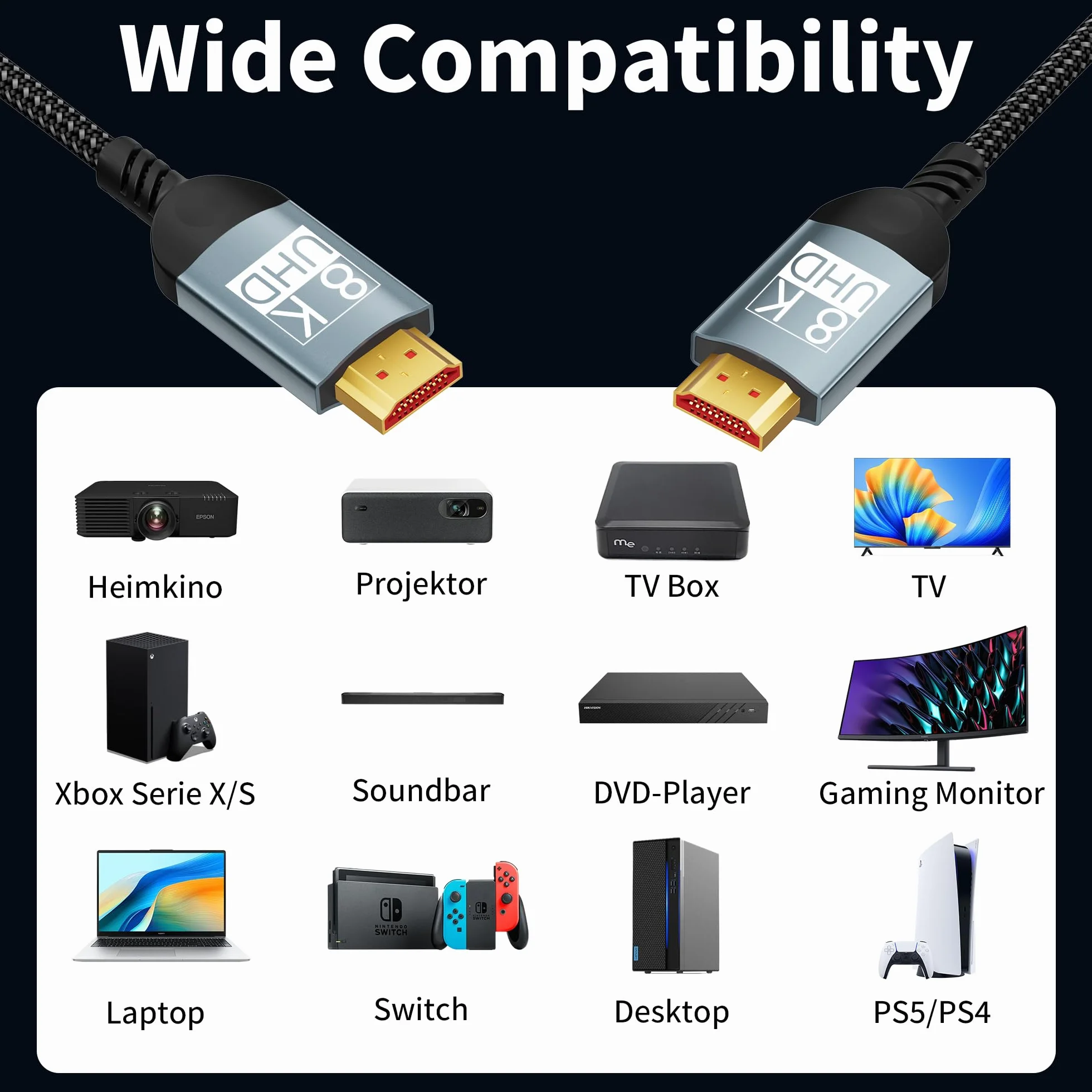Kabel HDMI 5m 10K 8K Ultra szybki HDMI 2.1 HDR10+ eARC HDCP 2.2 2.3 VRR DTS:X