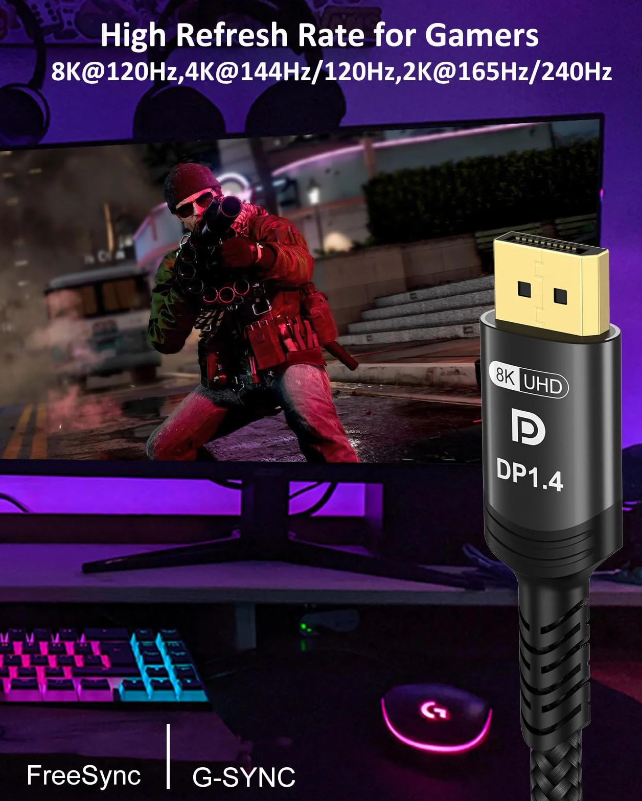 ‍Etseinri Kabel DisplayPort 240Hz 2M, Kabel DisplayPort 1.4 8K 60Hz 4K 240Hz 165Hz 144Hz 120Hz, Kabel DP do DP 32.4Gbps HDCP2.3 DSC1.2 HDR10 G-Sync & FreeSync do Gaming Monitor, Karty Graficznej