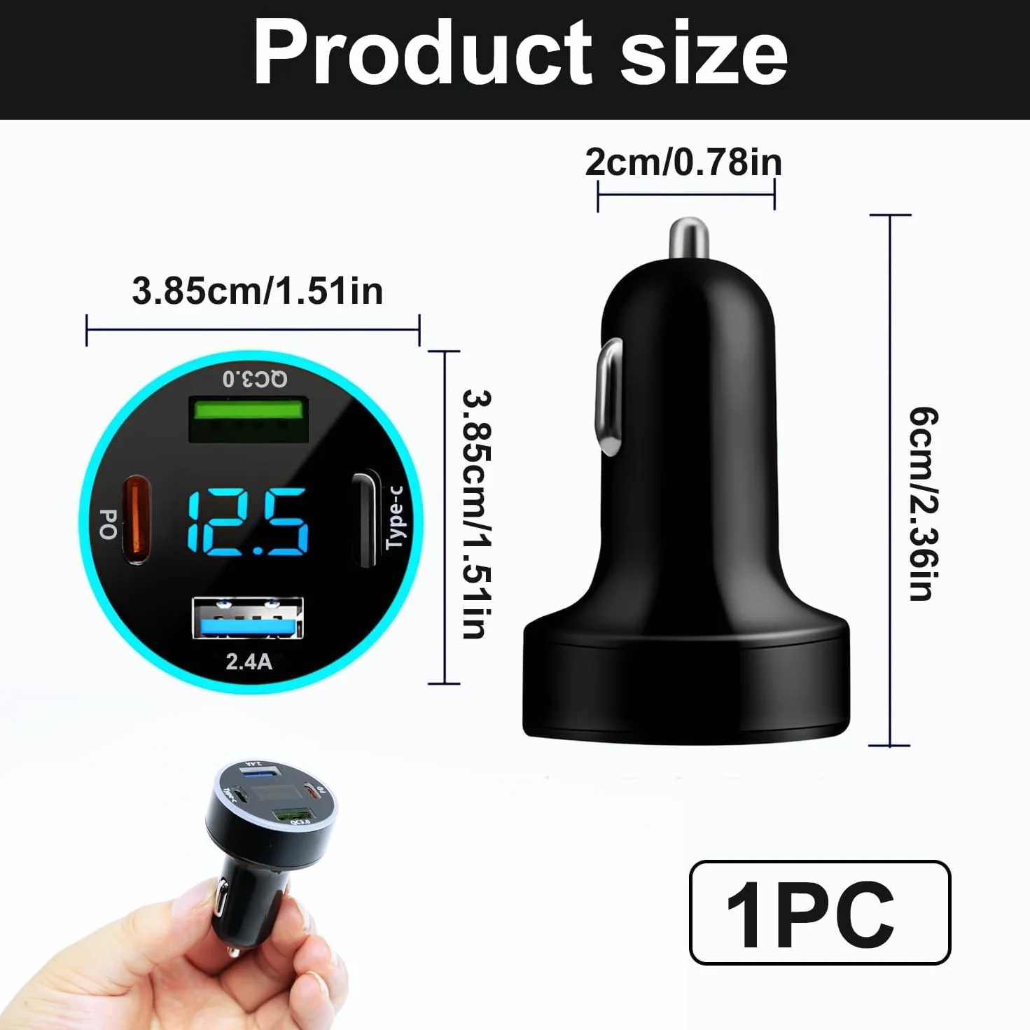 Ładowarka samochodowa USB C 50 W QC3.0 PD z woltomierzem LED