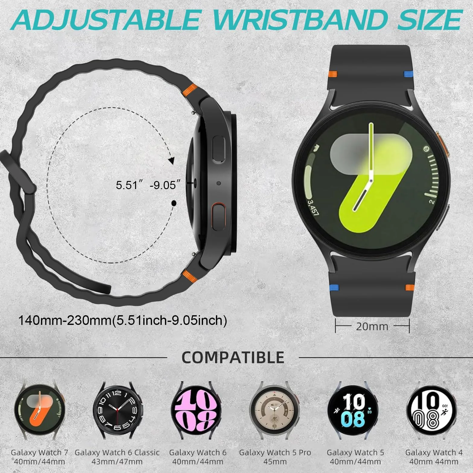 Samsung Galaxy Watch 5, 20 mm, silikonowe, sportowe paski do Galaxy Watch 5, 40 mm, 44 mm, Galaxy Watch 5 Pro 45 mm, Galaxy Watch 6, 40 mm, 44 mm, Galaxy Watch 6 Classic, 43 mm, 47 mm, Galaxy Watch 4