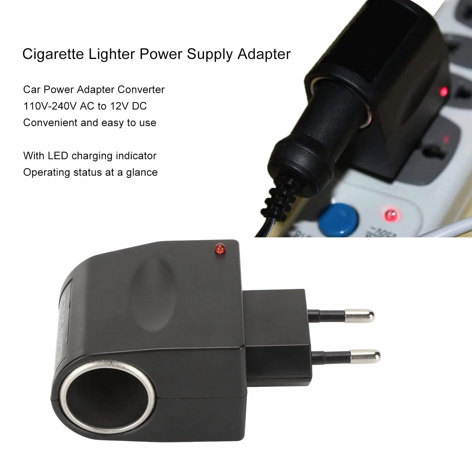 Adapter do Zasilacza AC na DC 12V Konwerter Wtyczki ściennej z Gniazdem Zapalniczki i Wskaźnikiem ładowania LED, do Elektroniki w Małym Samochodzie (Wtyczka UE)