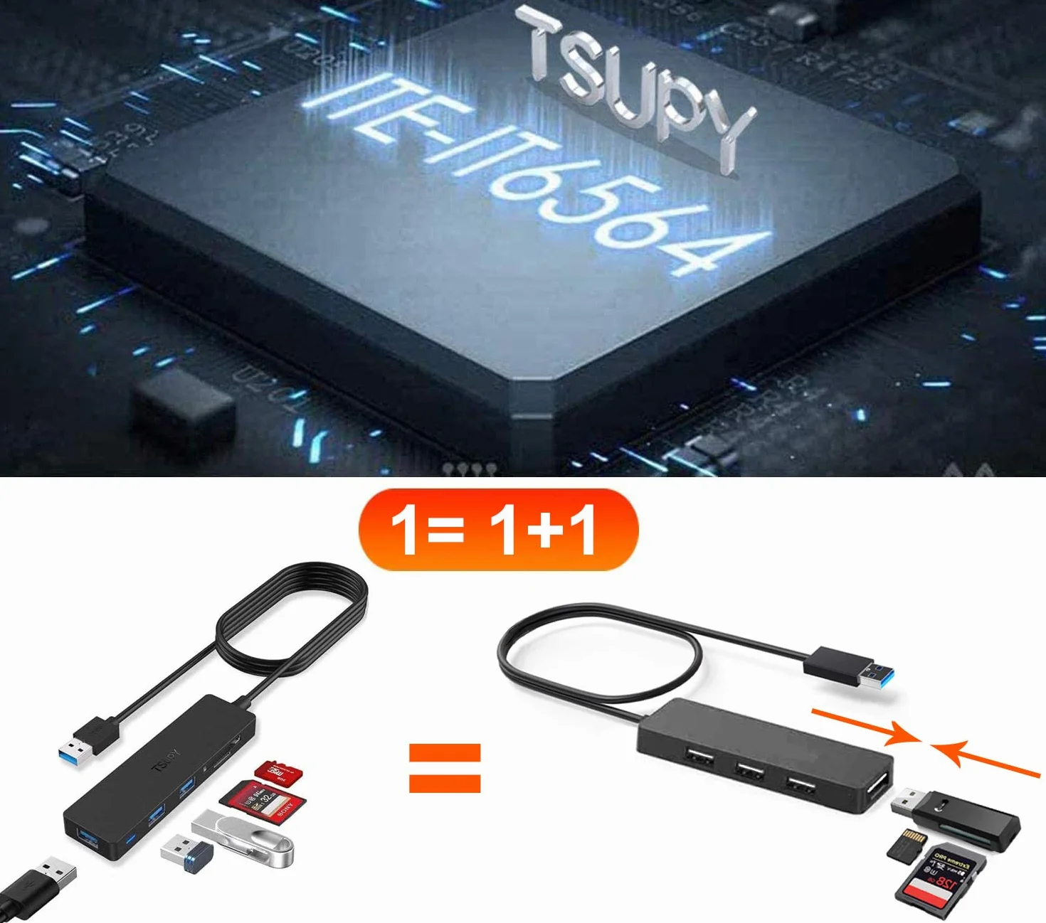 TSUPY Przedłużacz USB Hub 3.0 z Czytnikiem Kart SD/Micro SD - Kabel 120 cm - Czarny