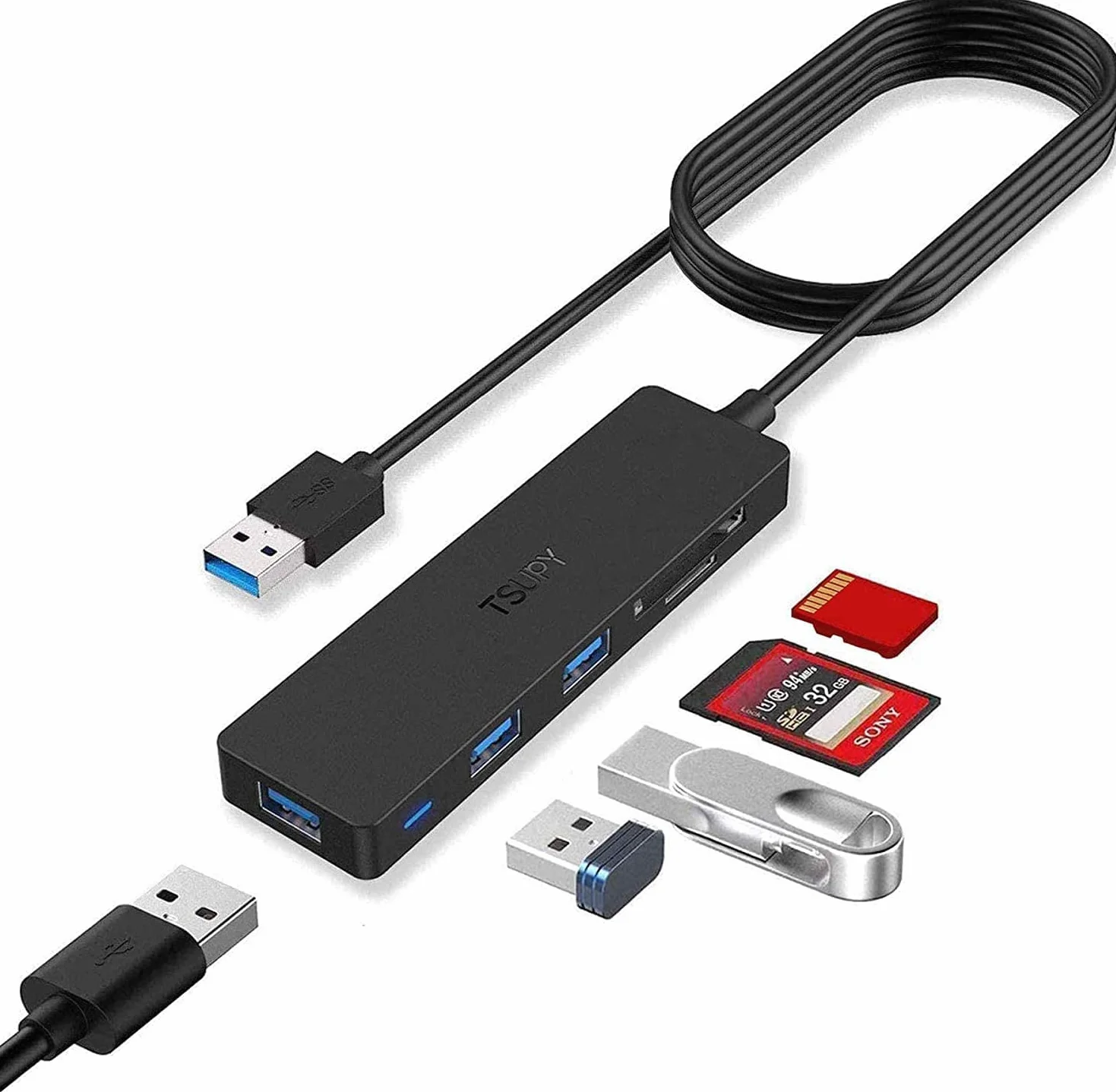 TSUPY Przedłużacz USB Hub 3.0 z Czytnikiem Kart SD/Micro SD - Kabel 120 cm - Czarny