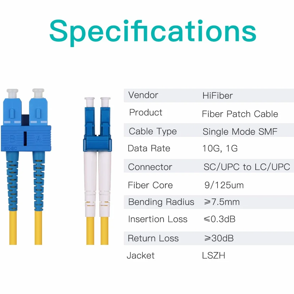 H!Fiber.com OS2 LC do SC Duplex kabel światłowodowy, LWL, SMF Jumper, 2 metry (6,6 stóp)
