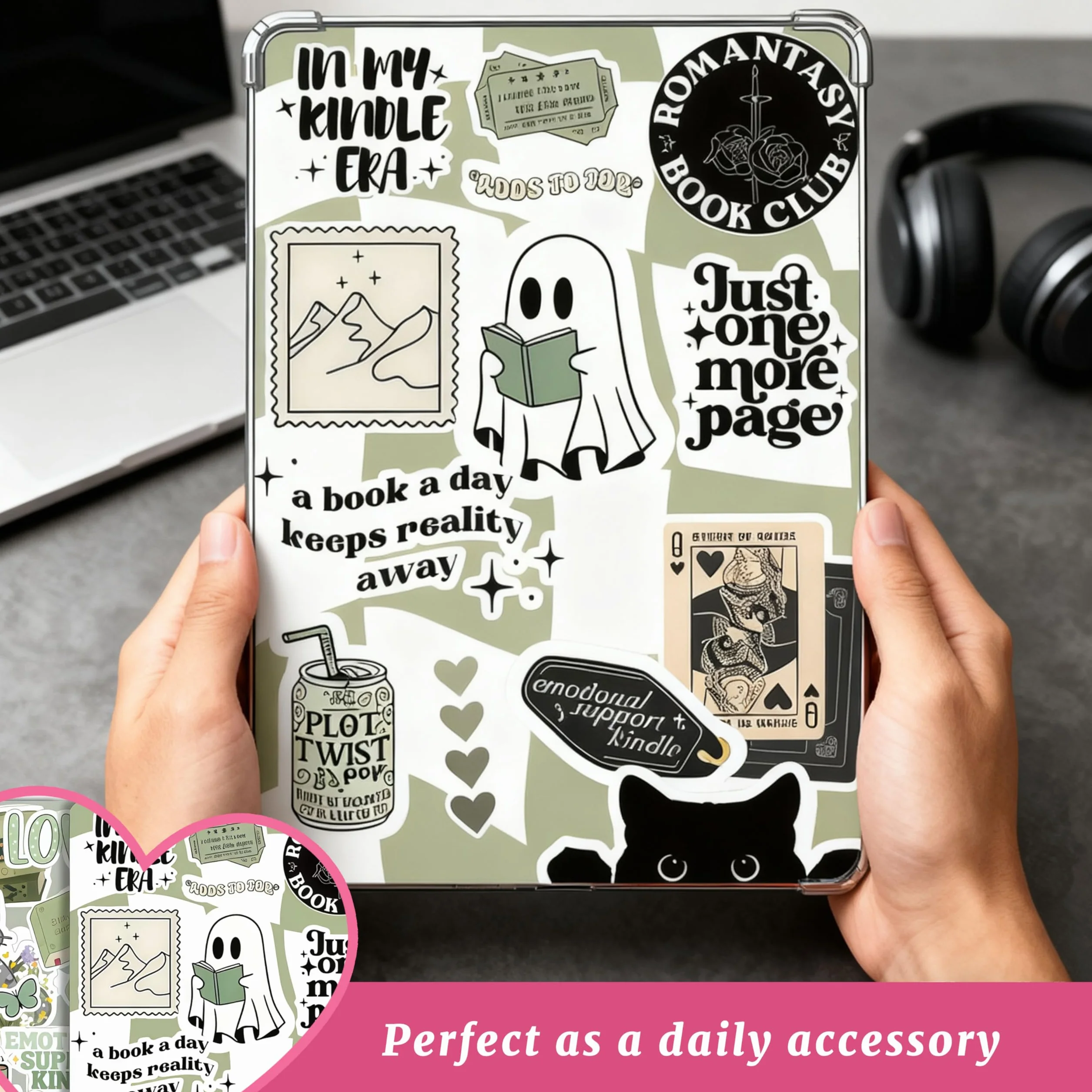 VelvetGlow 6 szt. przezroczystych wkładów do czytnika e-booków, 2 szt. zestaw zawieszek do zatyczek pyłoszczelnych, akcesoria retro charms, wkłady z kartonu do Kindle 11-12, prezent