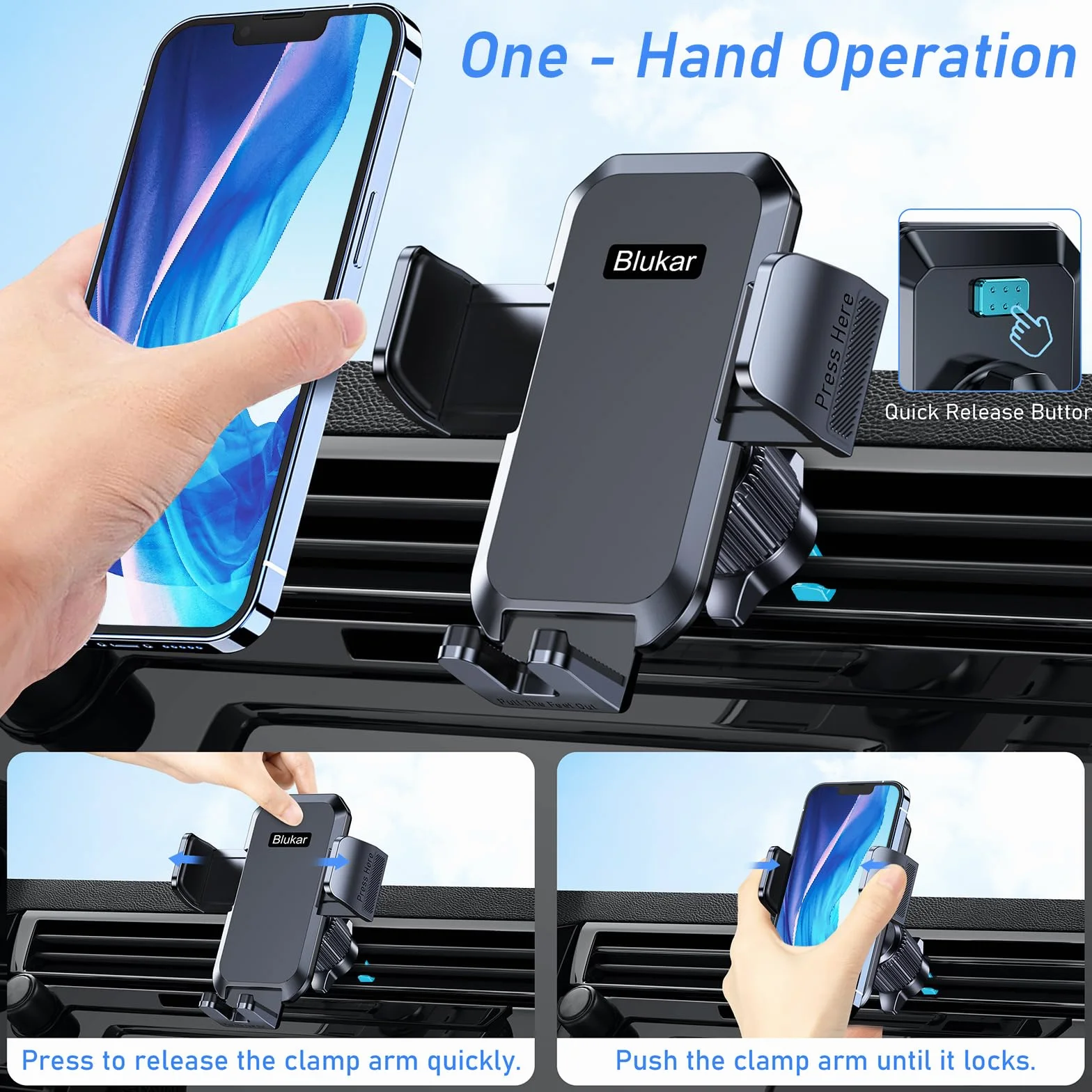 Blukar Wsparcie Mobile Samochód, Wsparcie Telefon Powietrza Samochodu Wentylacja z 2023 Upgraded Klip Stabilny&360° Obrót, Zwolnienie Jeden Przycisk Uchwyt Mobile Samochodu dla Smartphone/GPS