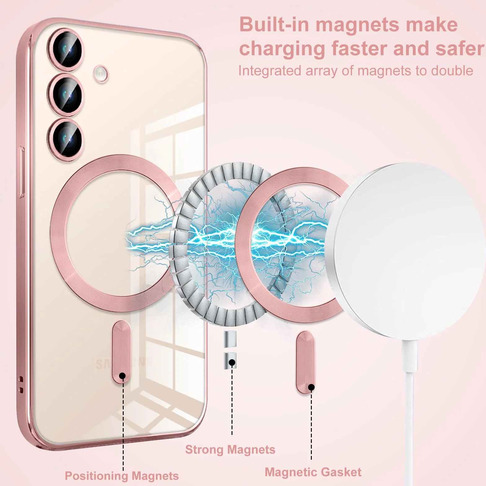 Pnakqil Etui magnetyczne do Samsung Galaxy S25 z paskiem, przezroczysta siliikonowa osłona, różowa