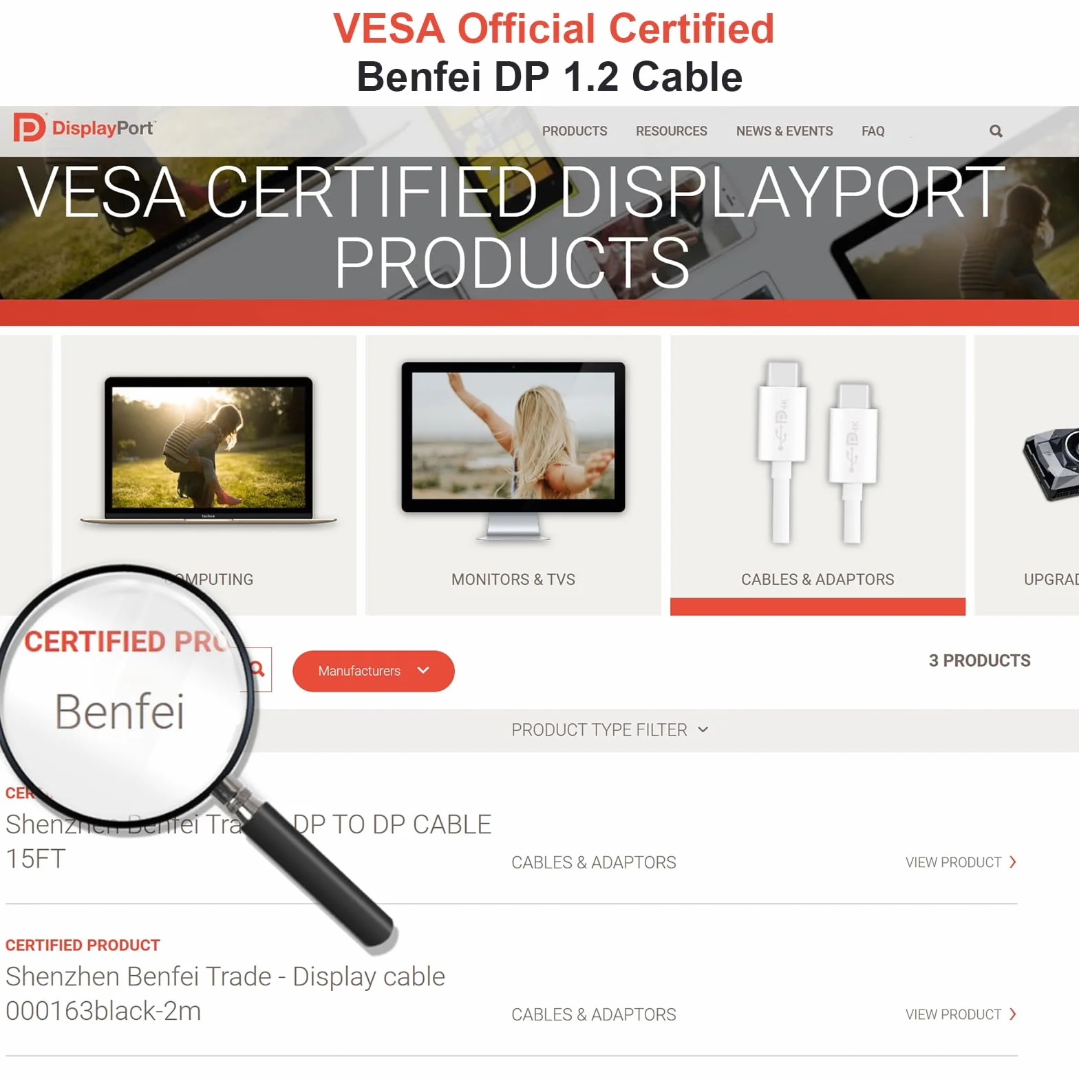 BENFEI Certyfikat VESA: kabel DisplayPort na DisplayPort 1,8 m, kabel DP do DP męski na męski, obsługuje 4K przy 60 Hz, 2K przy 165 Hz, kompatybilny z Lenovo, Dell, HP, ASUS i innymi