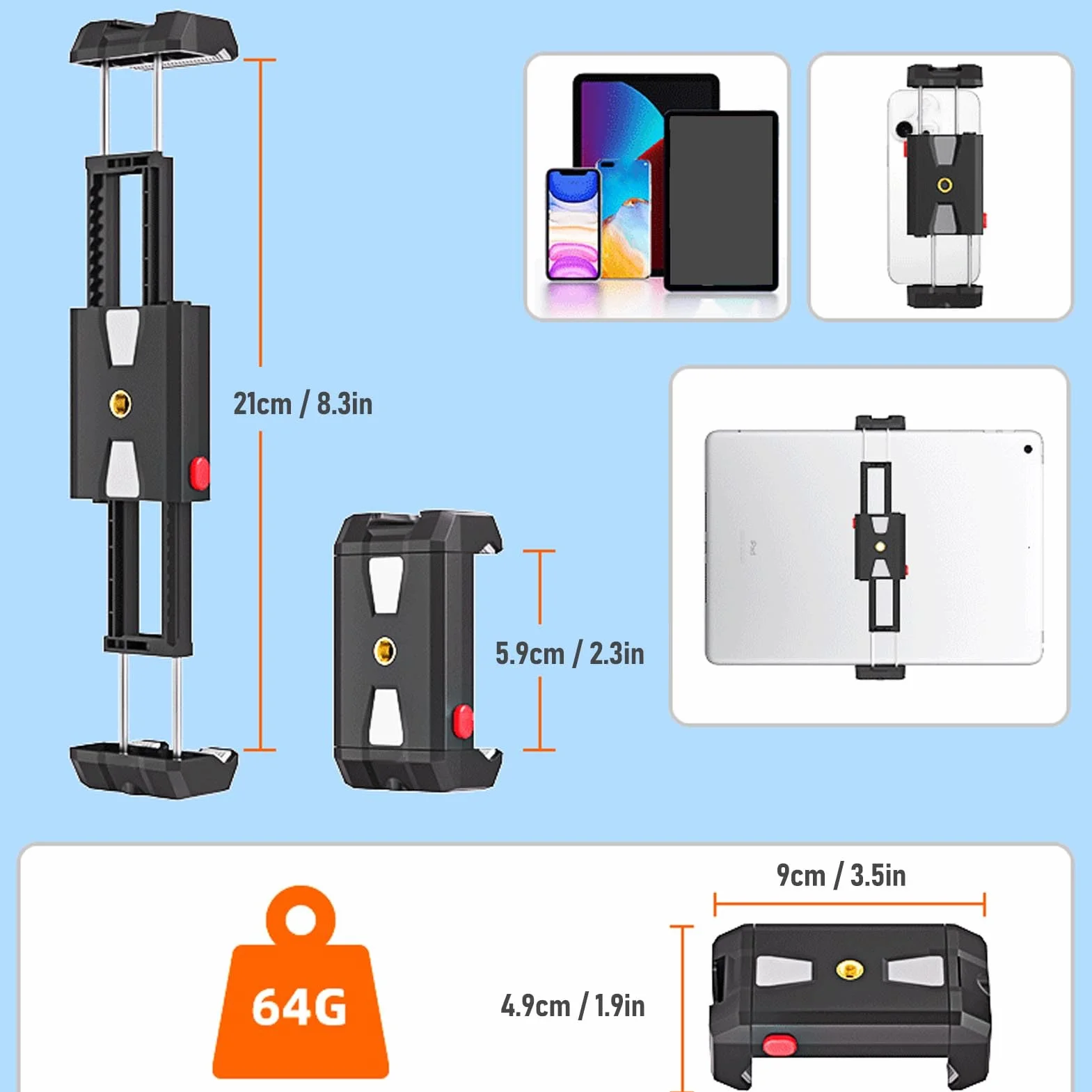 Bewinner Uchwyt na Telefon do Statywu Uniwersalny 2 w 1 Zacisk Aluminiowy ze śrubą 1/4 Cala