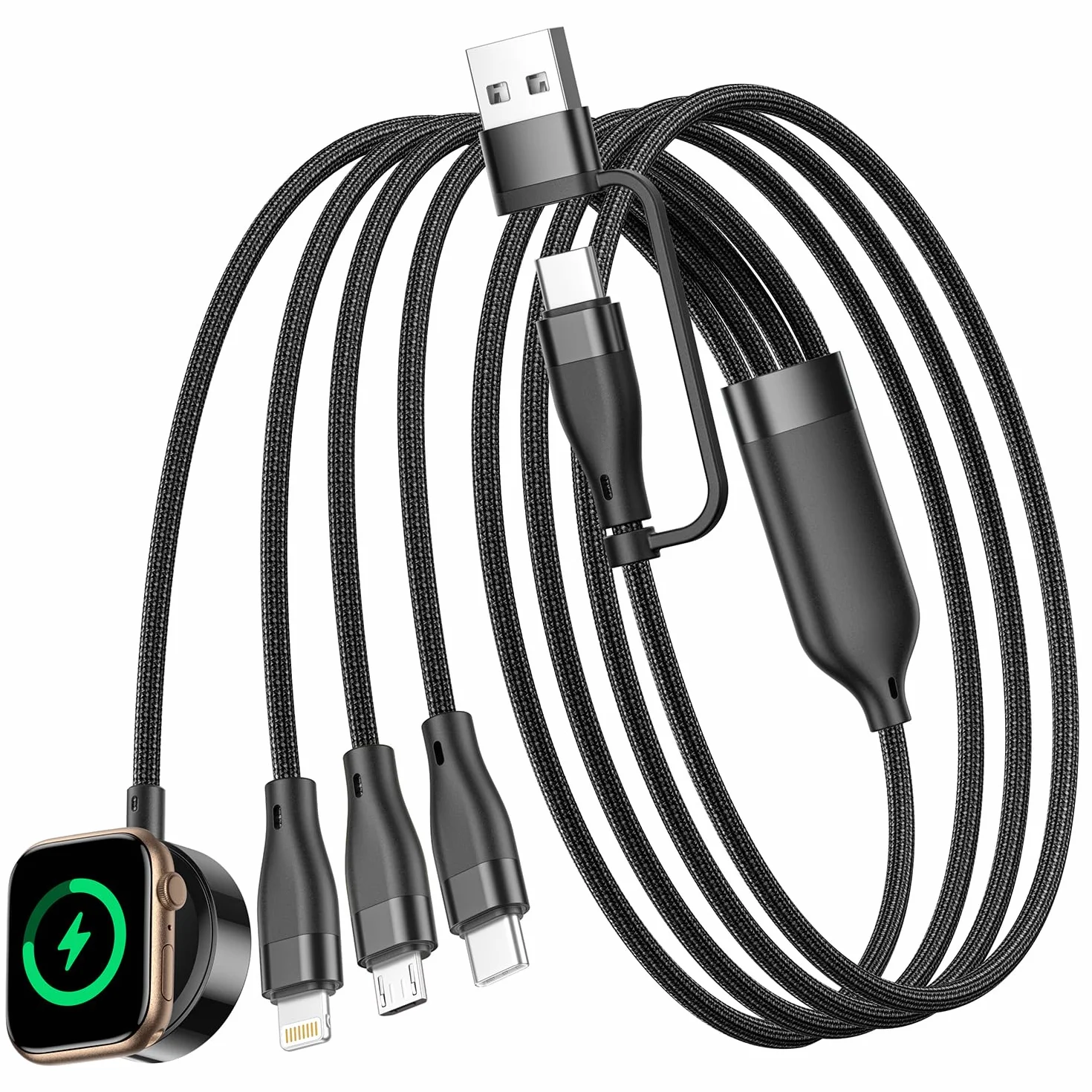 Kabel do ładowania 4 w 2 do Apple Watch i iPhone'a, 1,2 m USB A/C do iPhone'a Lightning, micro USB, iWatch Charger, kabel do ładowania typu C, do Apple iWatch Ultra/SE/1-11, iPhone 6-17, iPada, Galaxy