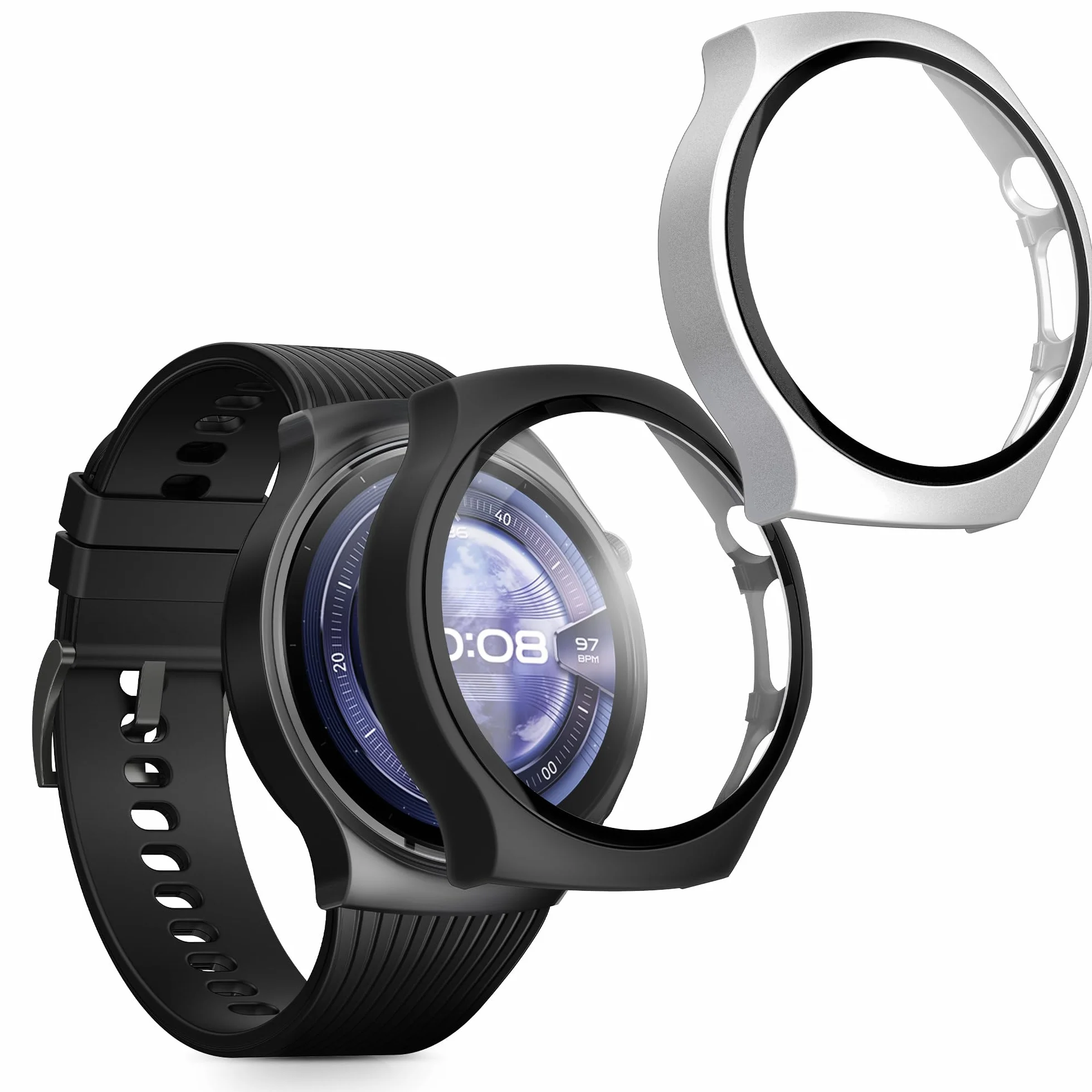 kwmobile Etui kompatybilne z Huawei Watch 5 46 mm obudowa z hartowanego szkła czarno-srebrna