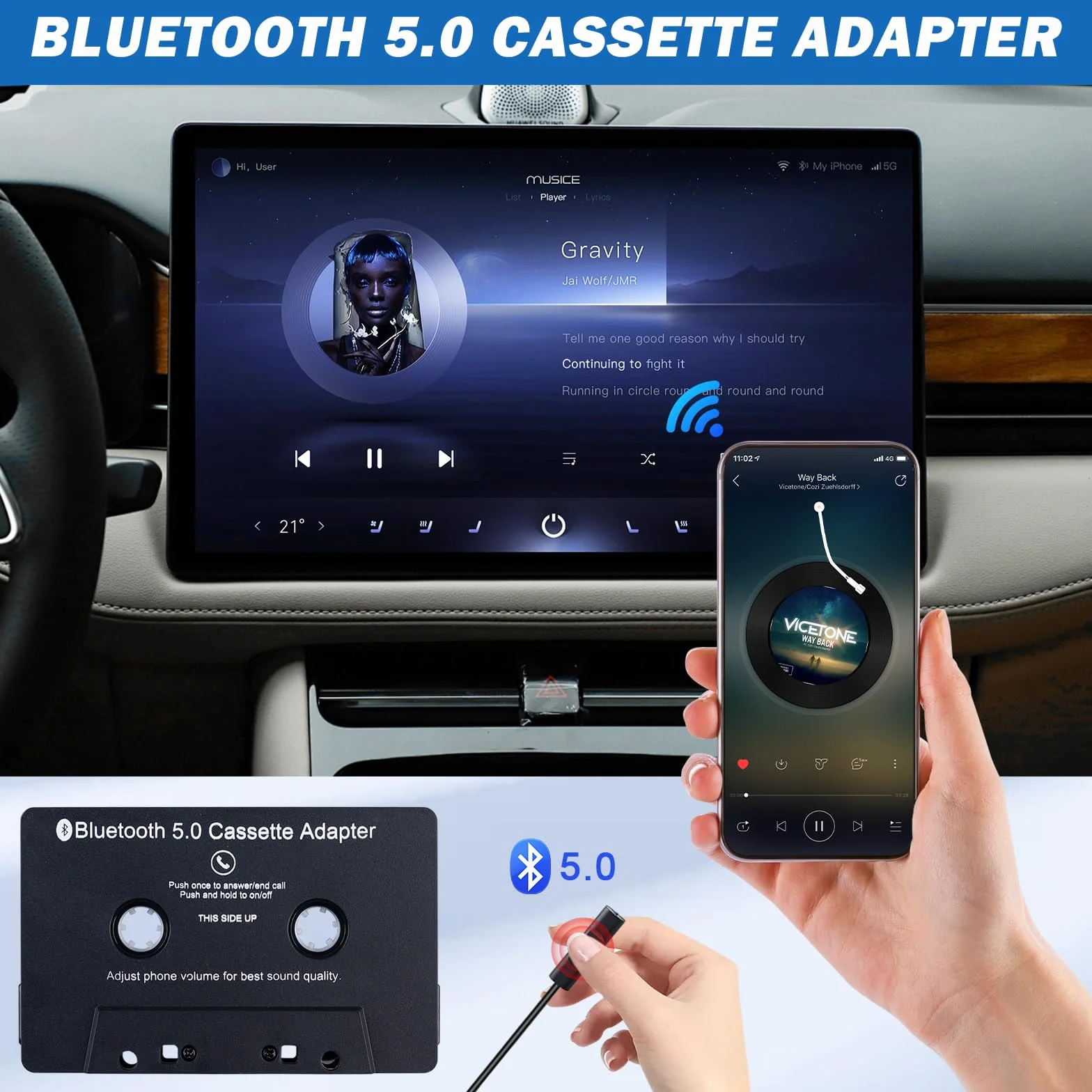 Sporgo Adapter kaset do radia samochodowego: Bluetooth 5.0 do odbiornika AUX, adapter samochodowy AUX, czarny