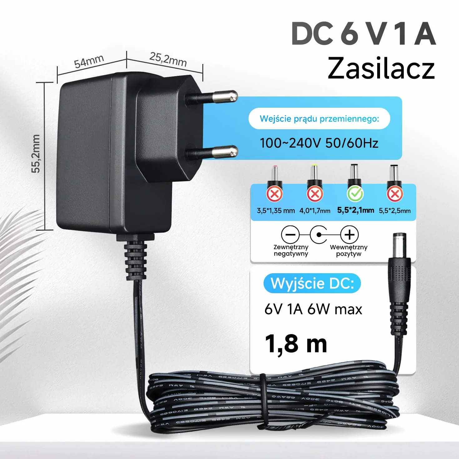 Zasilacz 6 V 1 A/1000 mA o długości 1,8 m, AC 100–240 V do DC 6 V 1 A 6 W, zasilacz do ciśnieniomierzy, wag elektronicznych i innych urządzeń, certyfikat CE