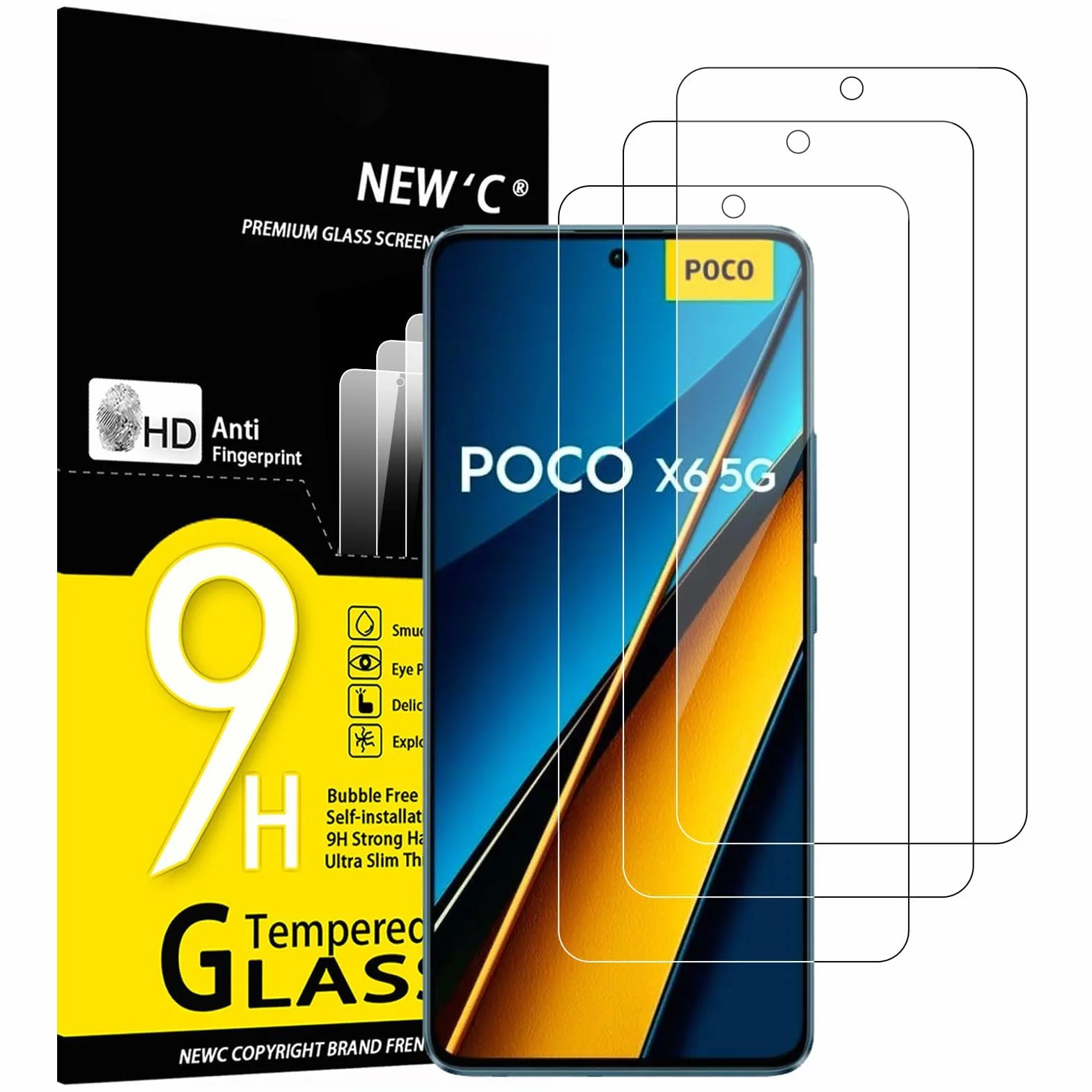 NEW'C 3 Sztuki Szkło dla Xiaomi Poco X6 5G, X6 Pro 5G Hartowane i Folia Ochronna Ochraniacz Ekranu - Bez pęcherzyków powietrza, odporność na zarysowania