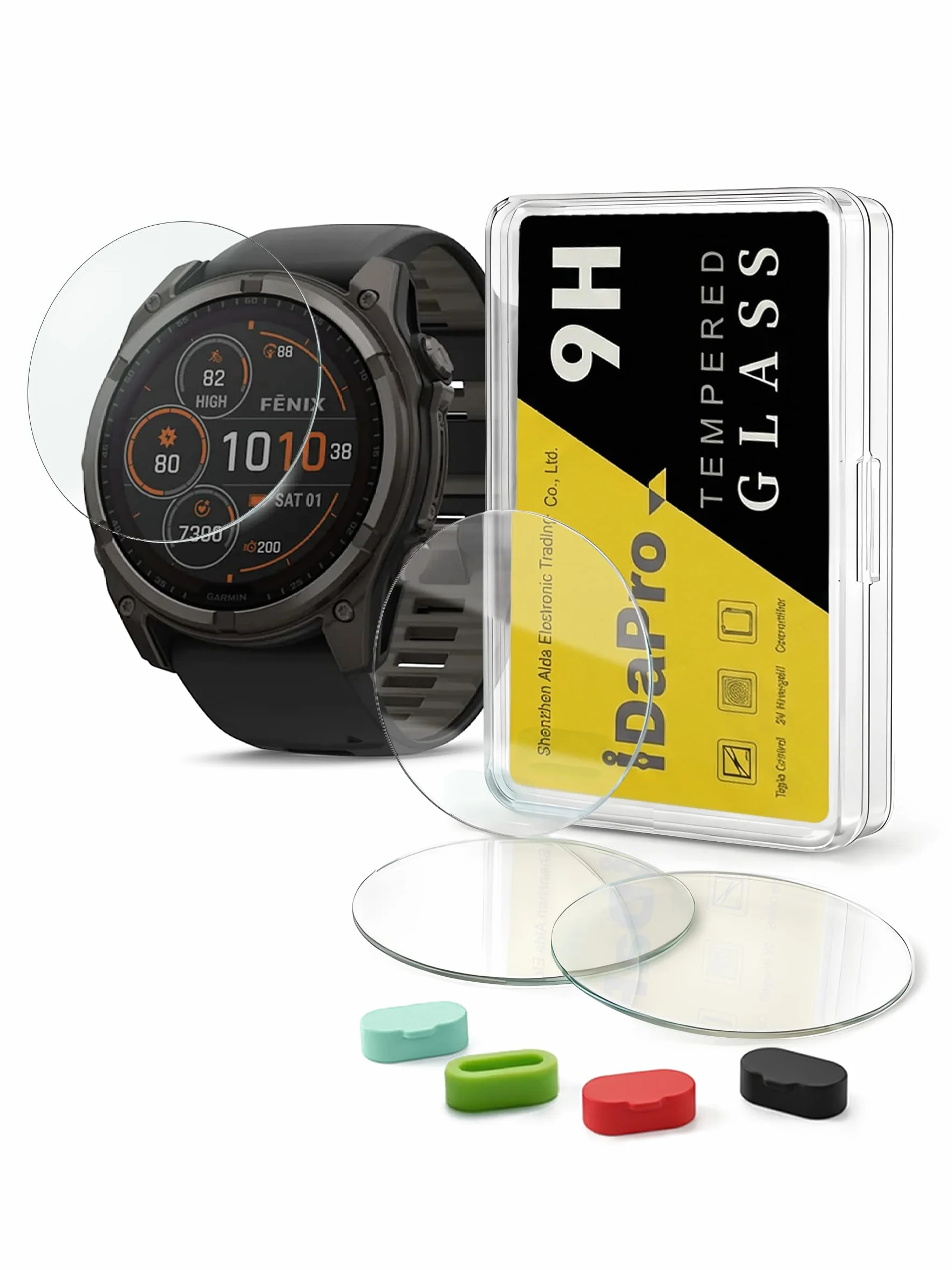 iDaPro [4 szt. ochraniaczy ekranu do Garmin Fenix 8 AMOLED 51 mm / Fenix 8 Solar 51 mm + [4 szt.] silikonowe zatyczki przeciwpyłowe, szkło hartowane, twardość 9H, odporne na zarysowania, odporne na