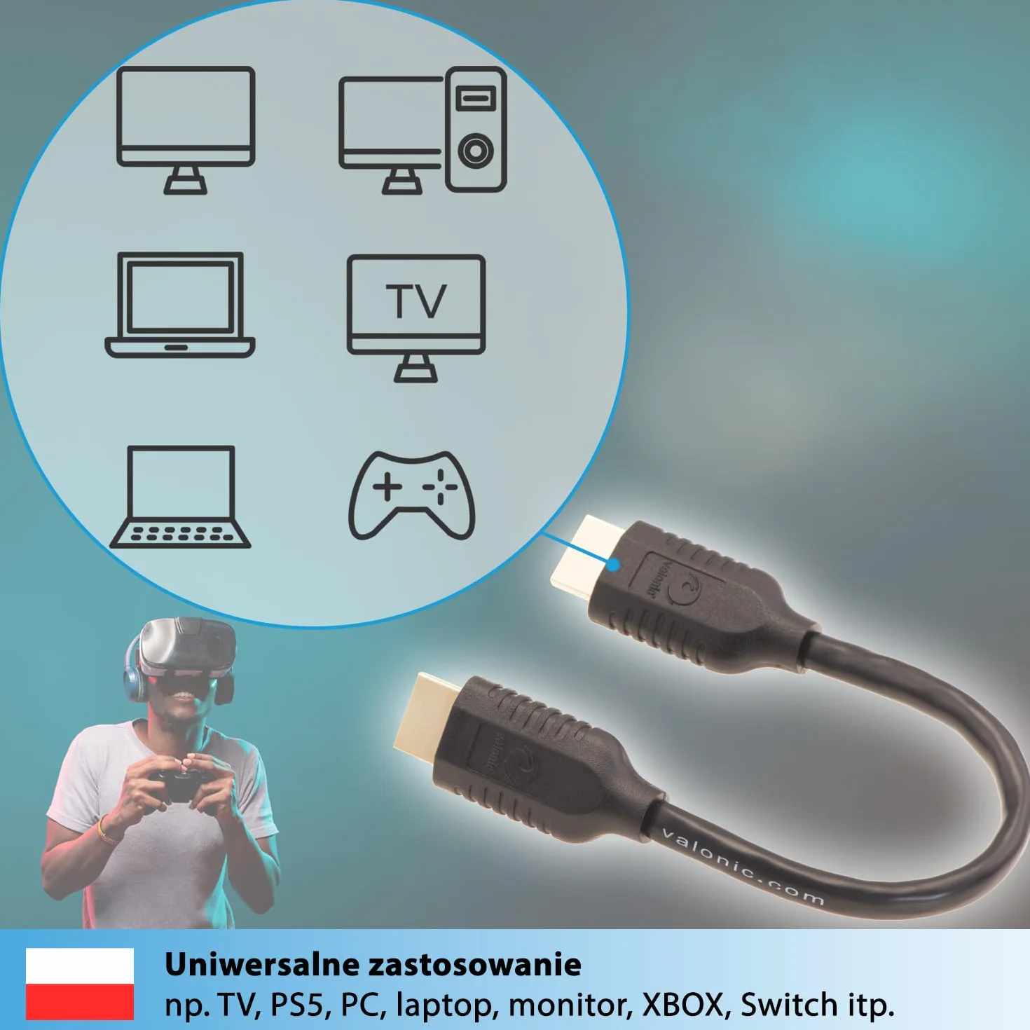valonic Kabel HDMI krótki, 20 cm – 4 K, ARC, UHD, Full HD, Ethernet – czarny – kabel TV 0,2 m, kabel do monitora, krótki kabel HDMI do komputera lub przełącznika…