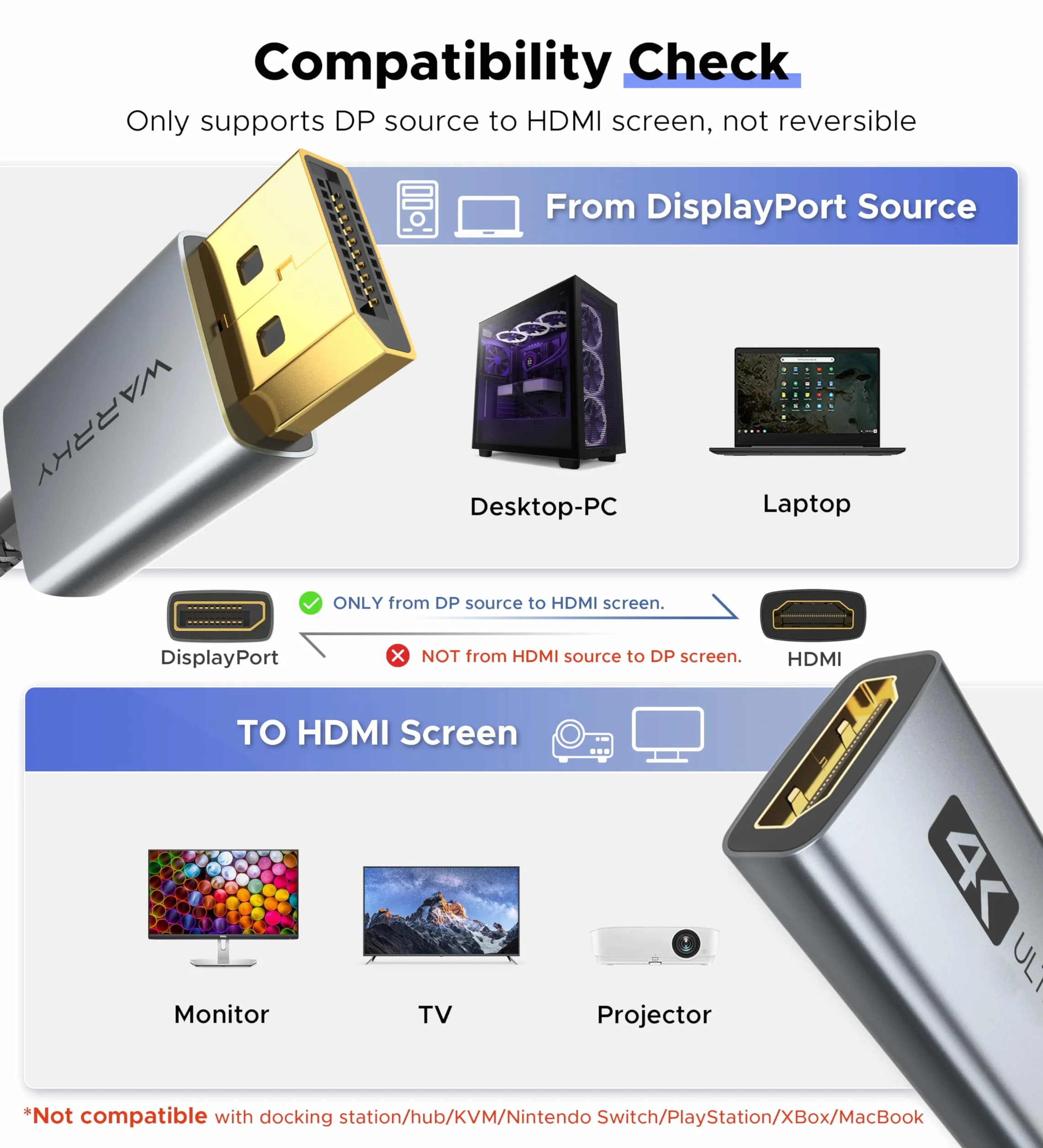 WARRKY Adapter 4K DisplayPort na HDMI, [pozłacany, pleciony, aluminiowa tuleja] Jednokierunkowy DP do monitora HDMI, do komputera stacjonarnego/laptopa/karty graficznej, Lenovo, HP, Dell i wielu