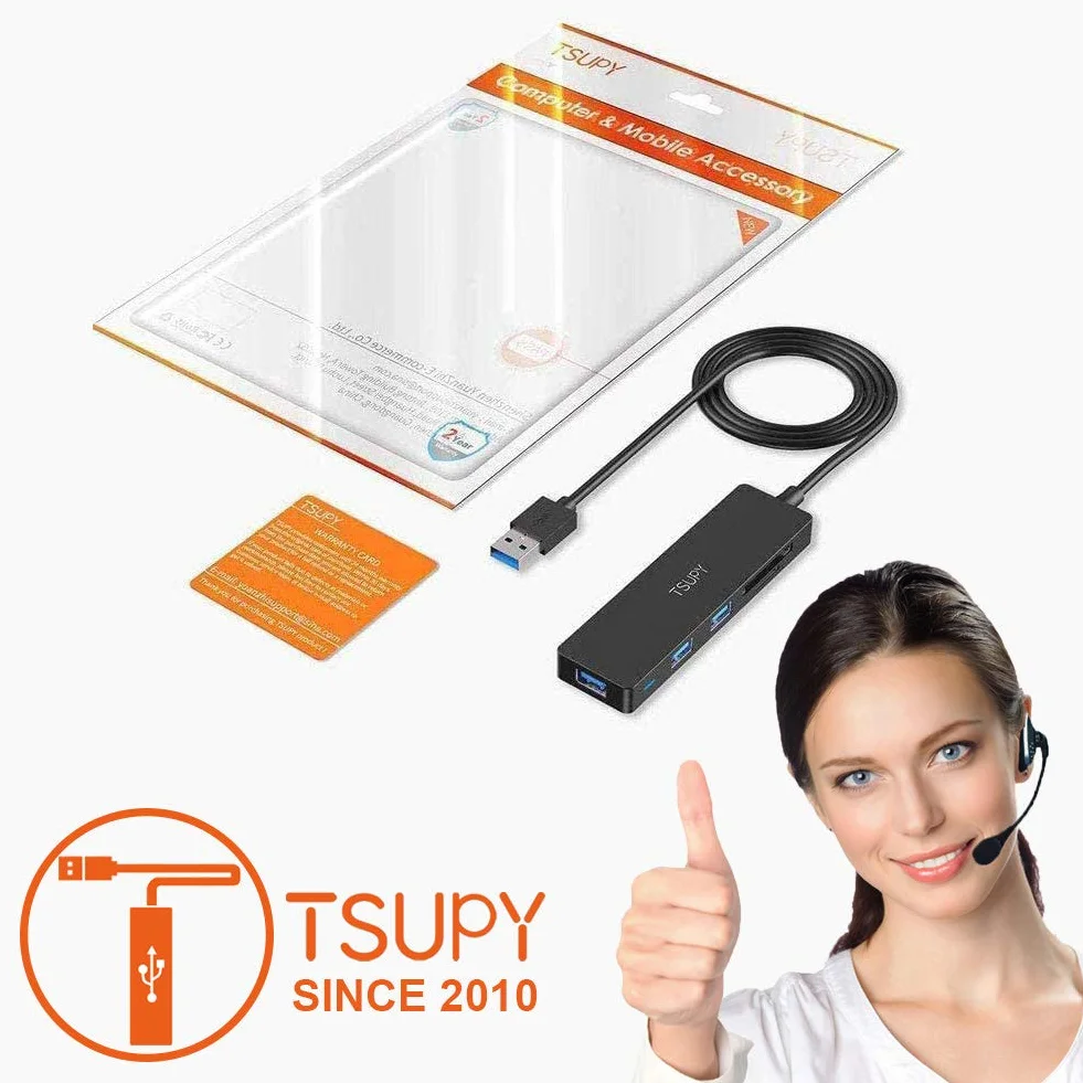 TSUPY Przedłużacz USB Hub 3.0 z Czytnikiem Kart SD/Micro SD - Kabel 120 cm - Czarny