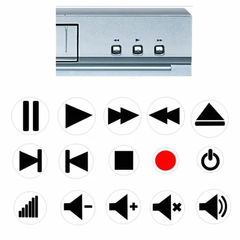 Naklejka Symbole Odtwarzacza DVD CD Video MP3 Kaseta Play Pause Stop Rewind 5mm